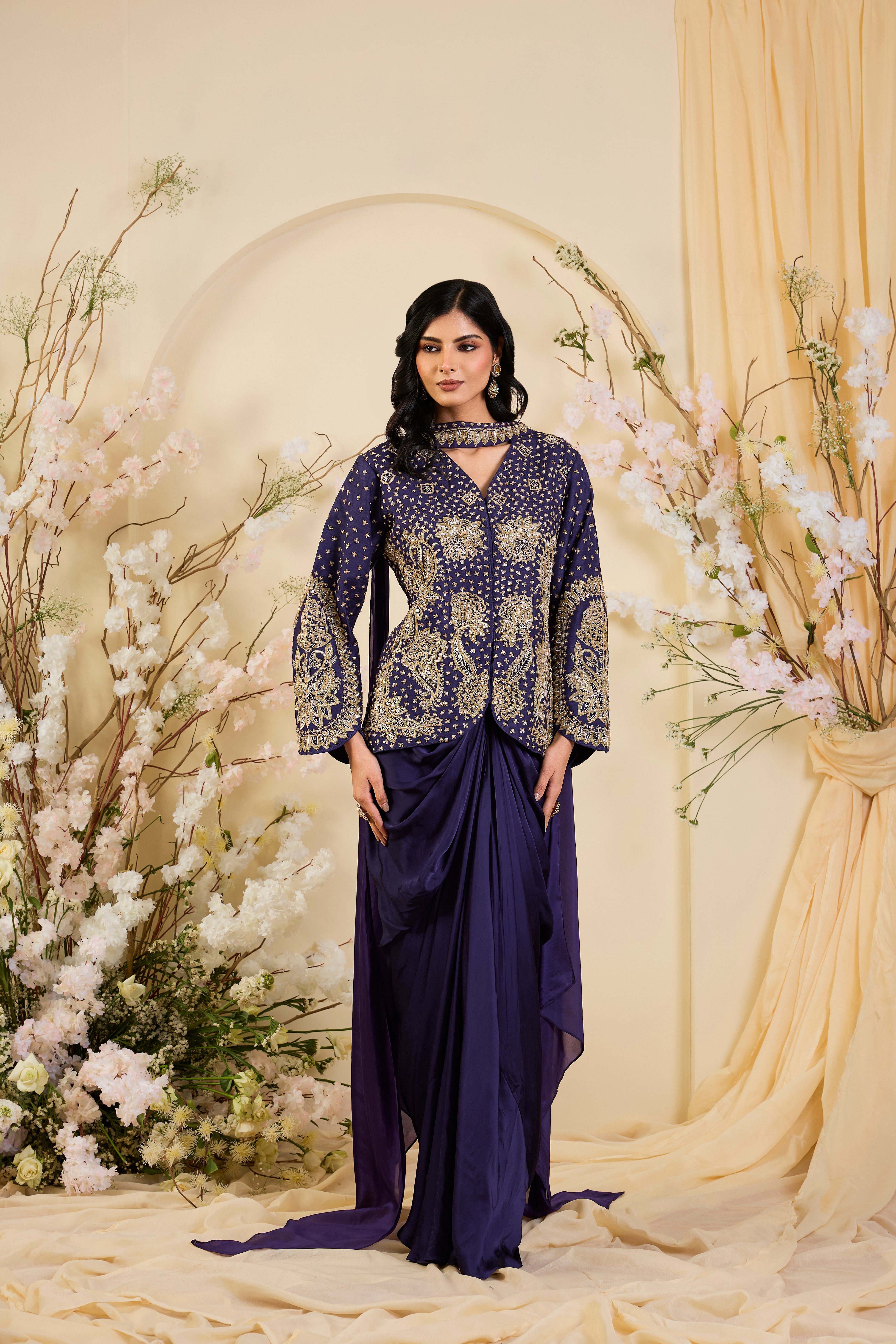Midnight Majesty: Embroidered Jacket Ensemble with Draped Silhouette