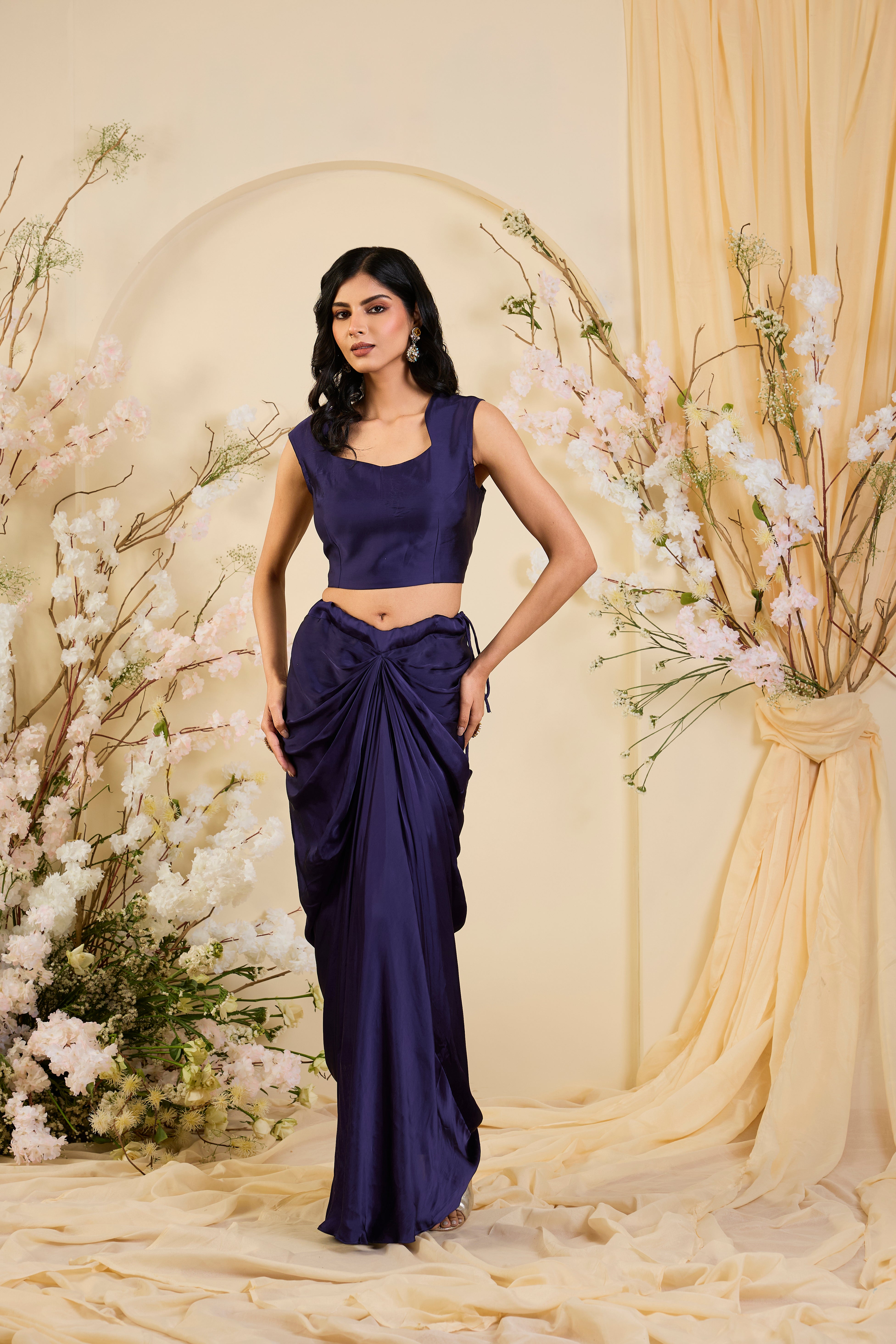 Midnight Majesty: Embroidered Jacket Ensemble with Draped Silhouette