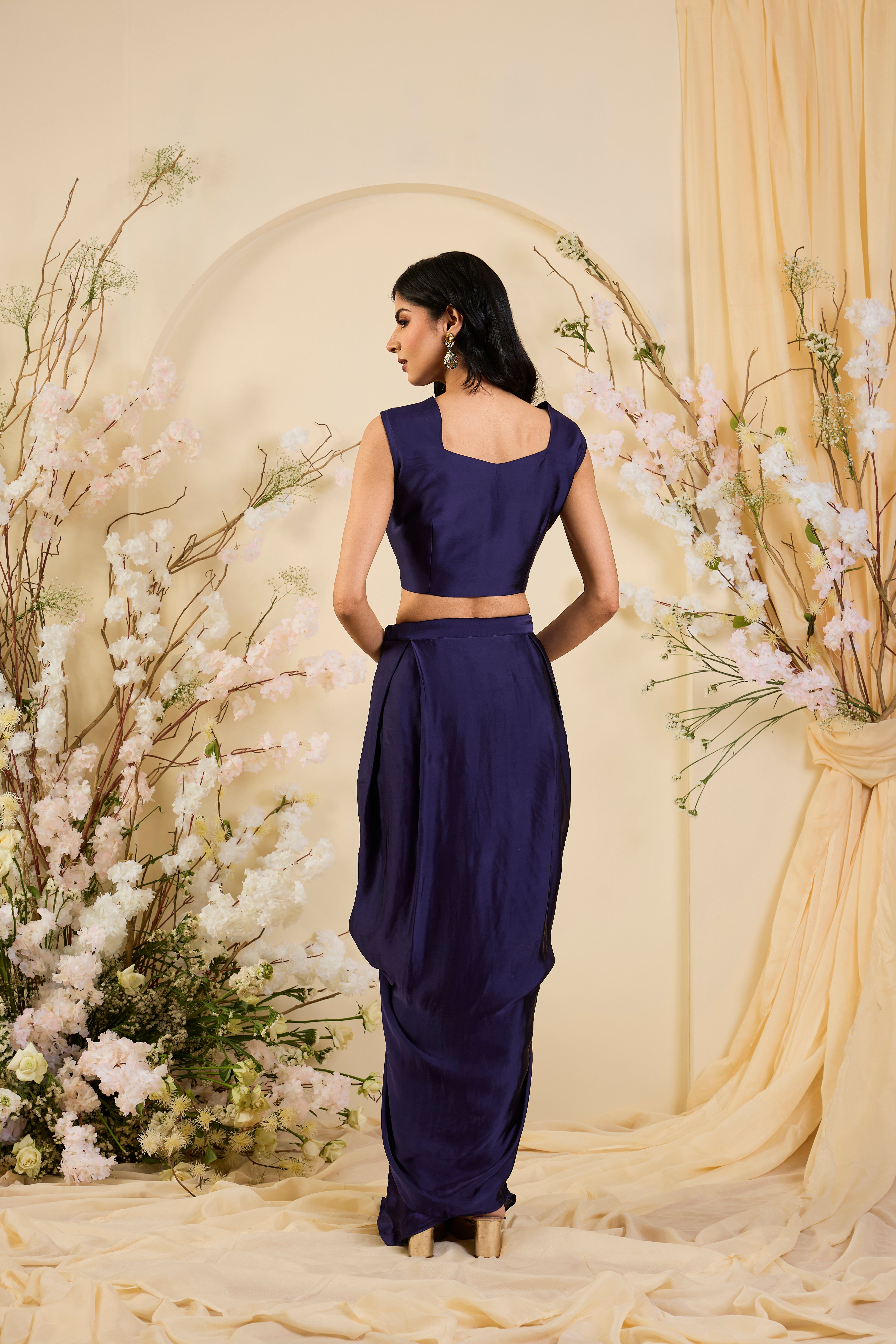 Midnight Majesty: Embroidered Jacket Ensemble with Draped Silhouette