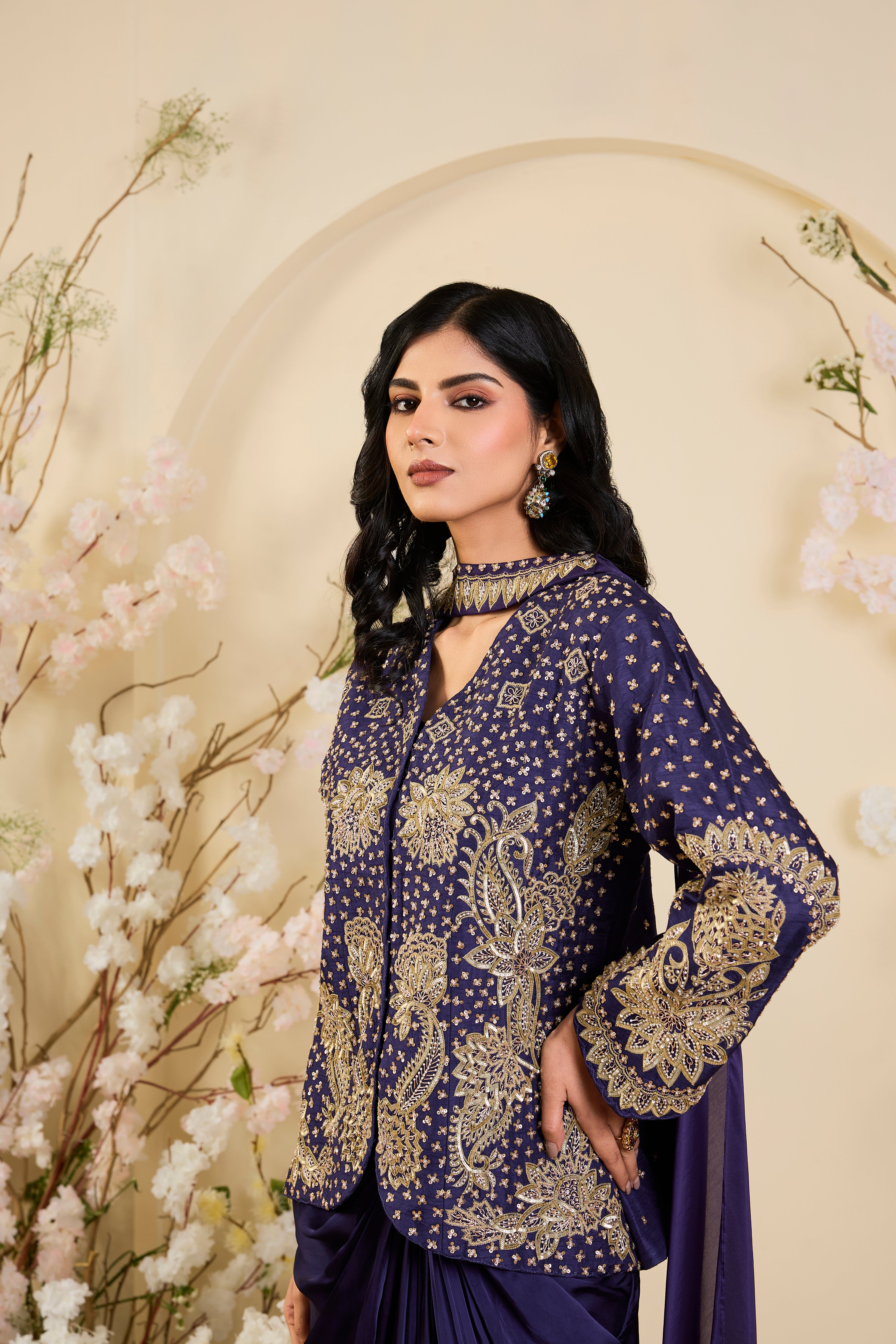 Midnight Majesty: Embroidered Jacket Ensemble with Draped Silhouette