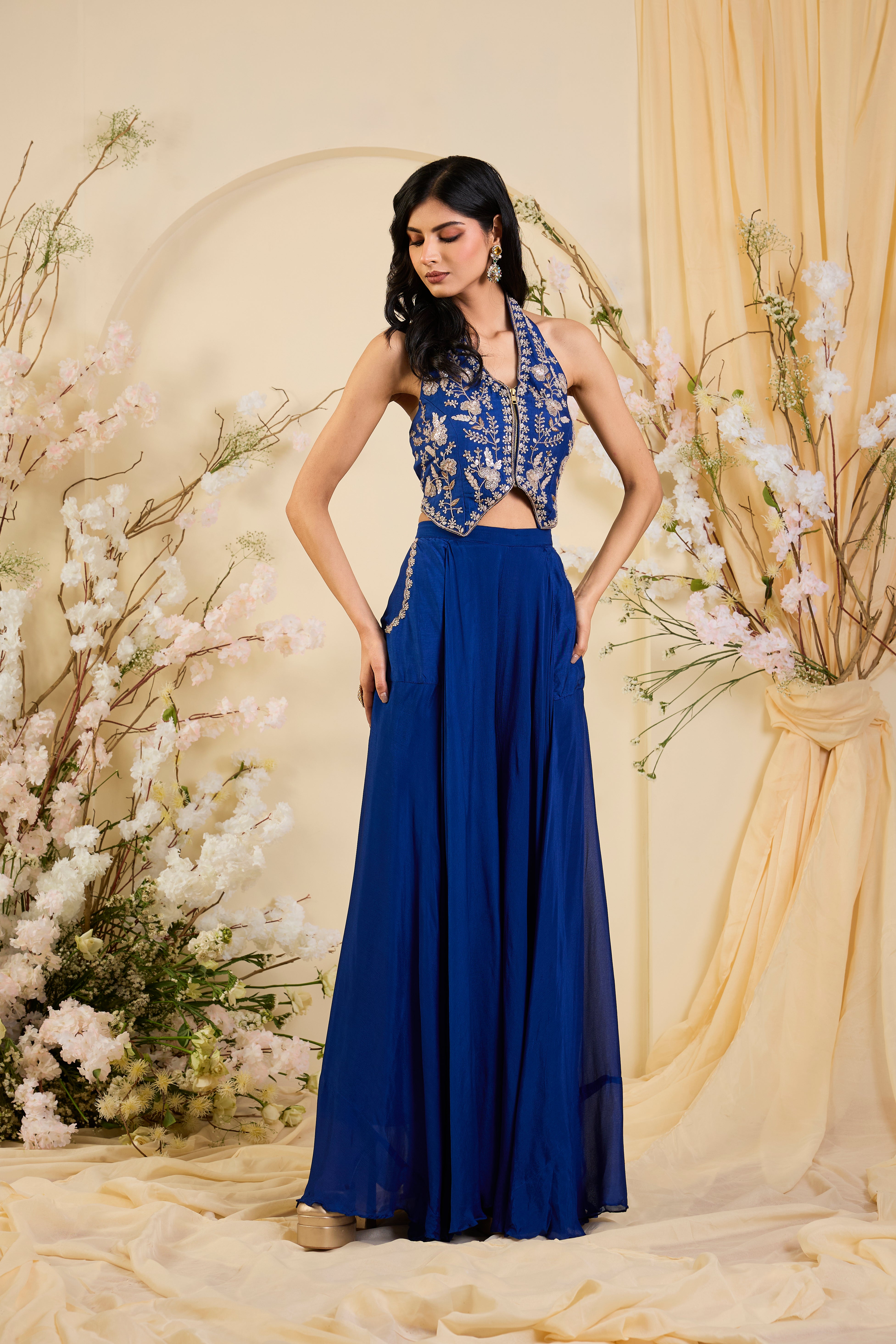 Cobalt Muse: Embroidered Halter Blouse with Fluid Palazzo Silhouette