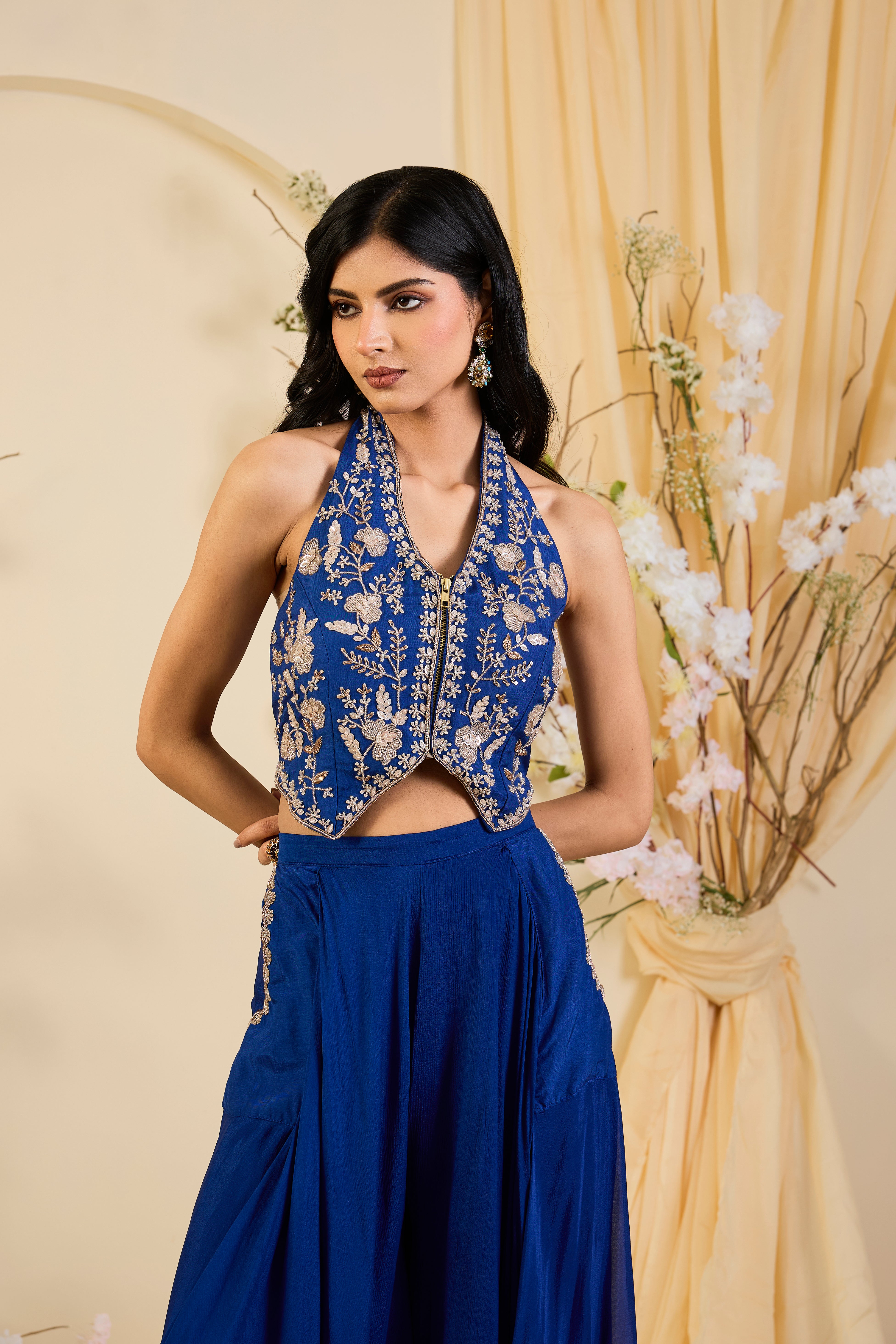 Cobalt Muse: Embroidered Halter Blouse with Fluid Palazzo Silhouette