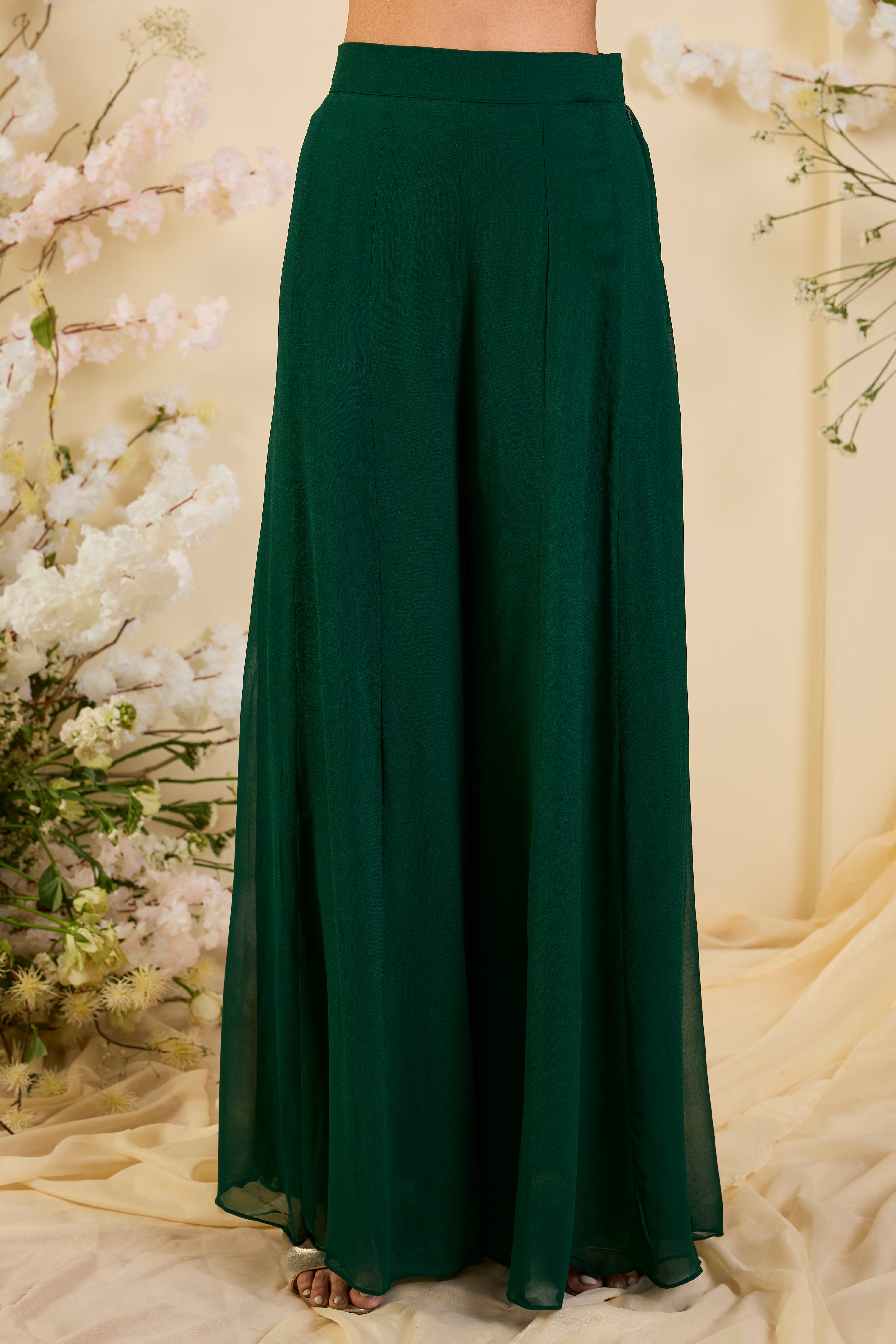 Emerald Bloom Co-ord Set with Intricately Embroidered Floral Jacket & Fluid Palazzo Silhouette