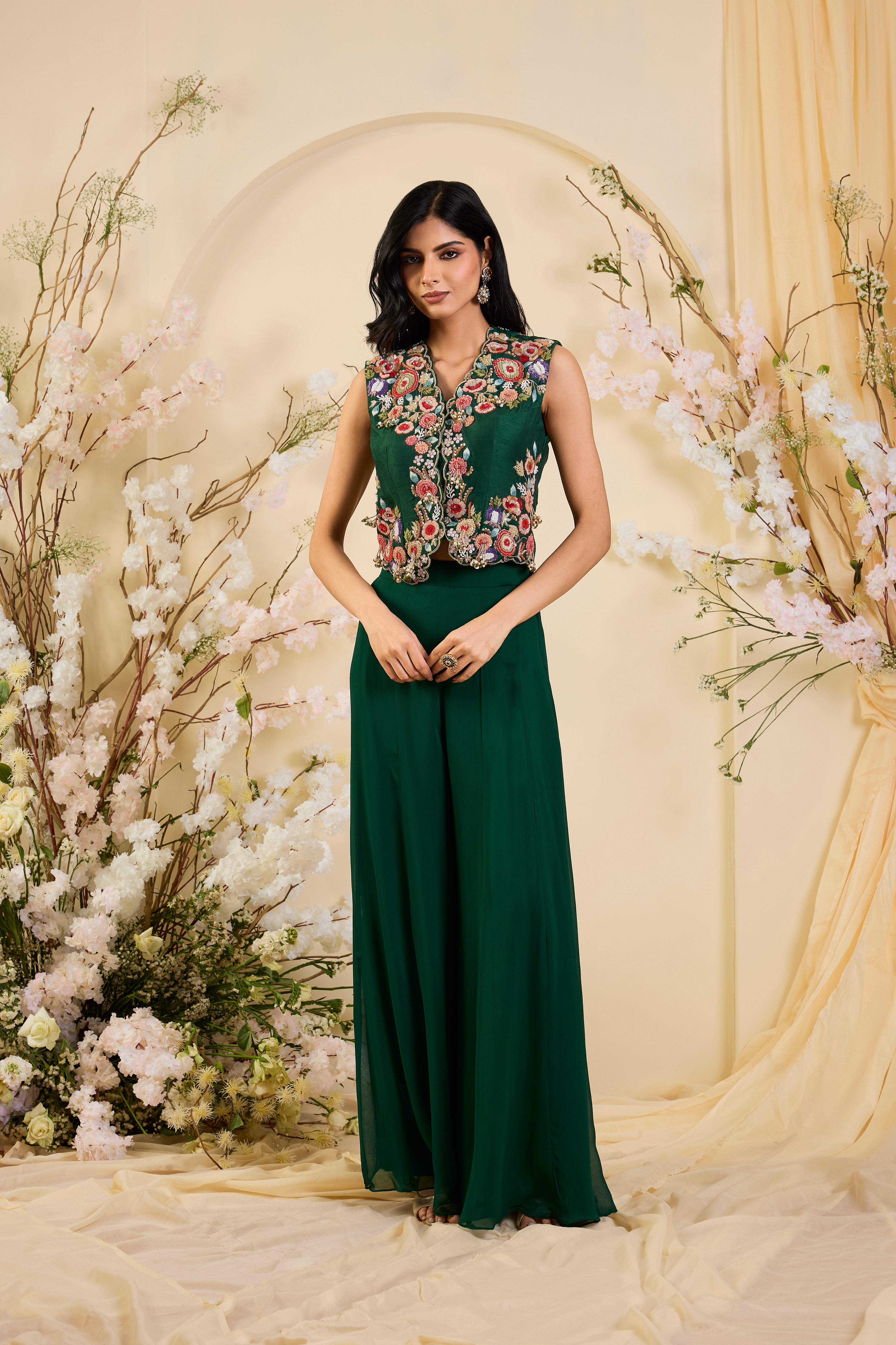 Emerald Bloom Co-ord Set with Intricately Embroidered Floral Jacket & Fluid Palazzo Silhouette