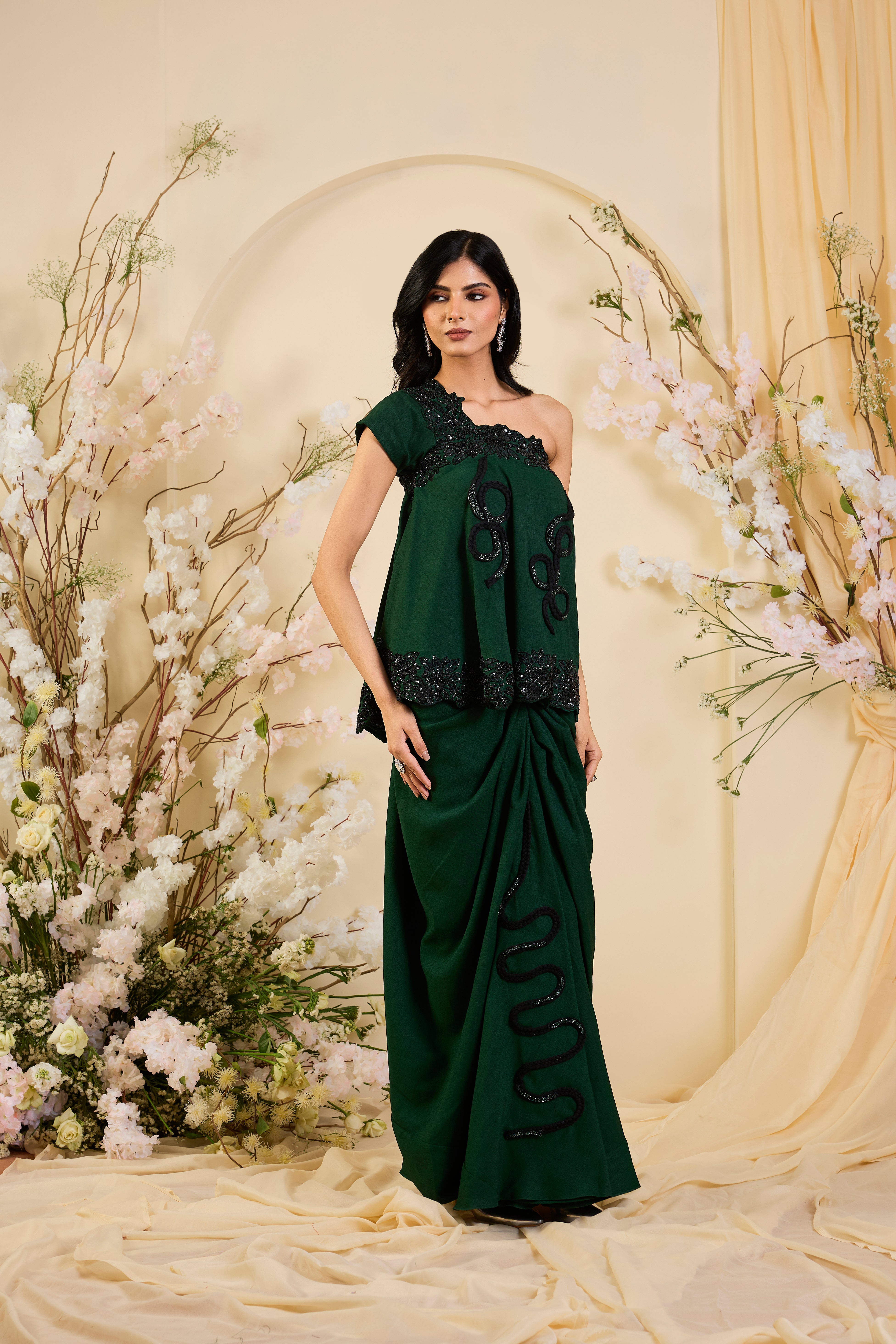 Emerald Drape Skirt set with Sculpted One-Shoulder Cape & Noir Embellished Artistry