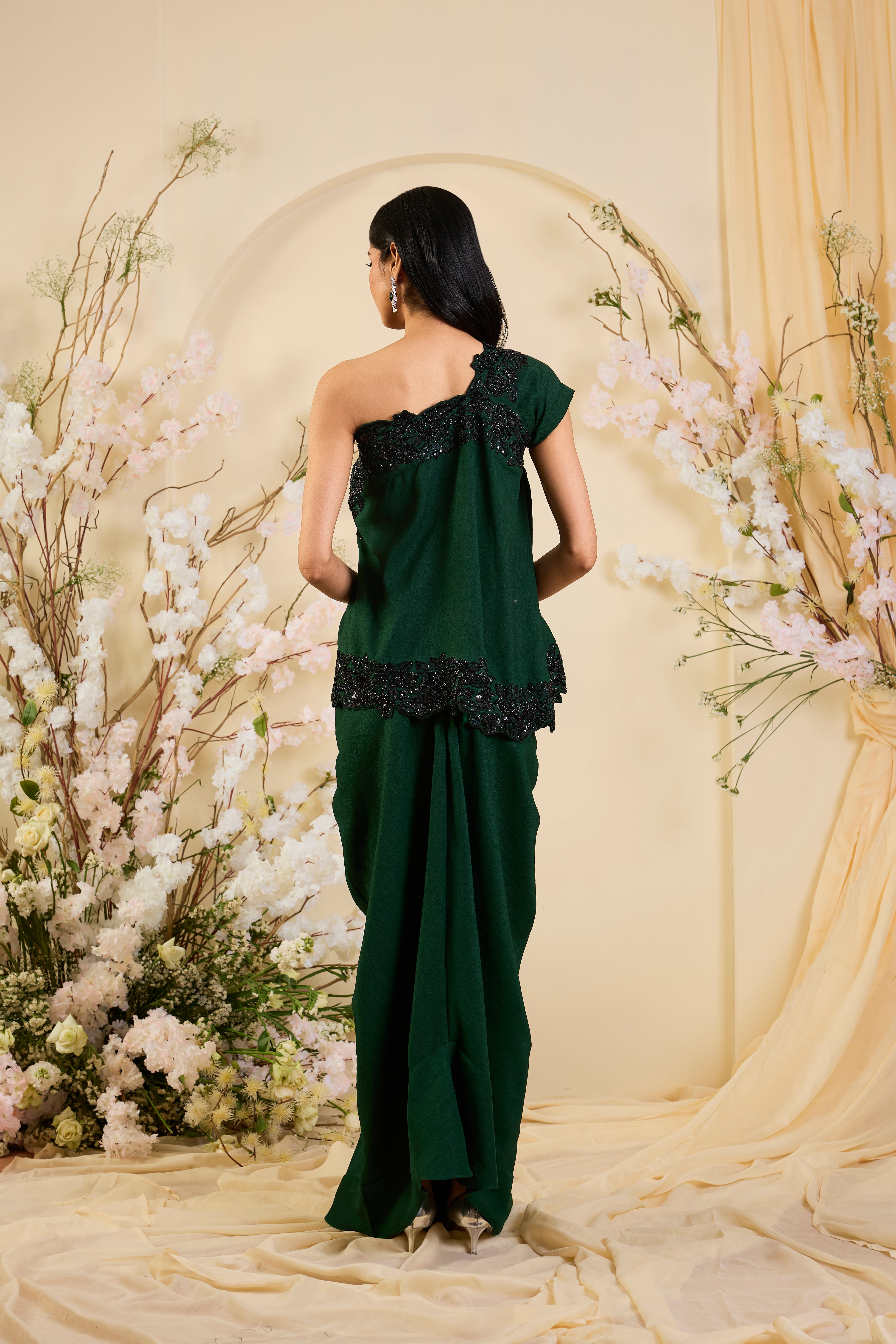 Emerald Drape Skirt set with Sculpted One-Shoulder Cape & Noir Embellished Artistry