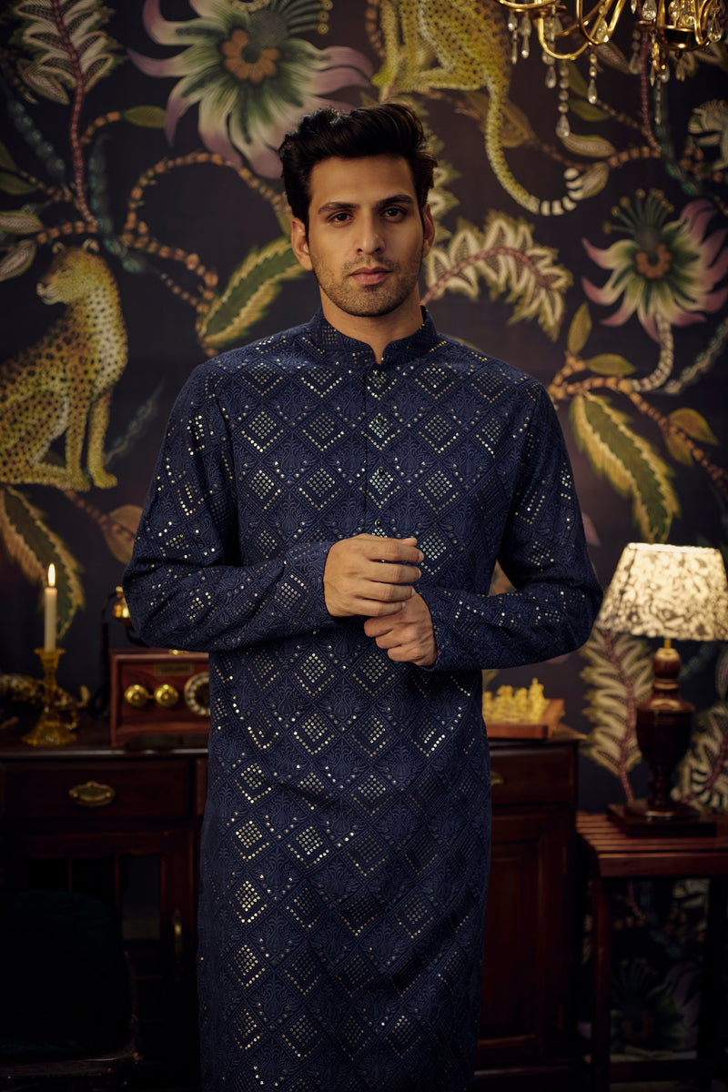 Navy Blue Chikankari Kurta - kasbahmen