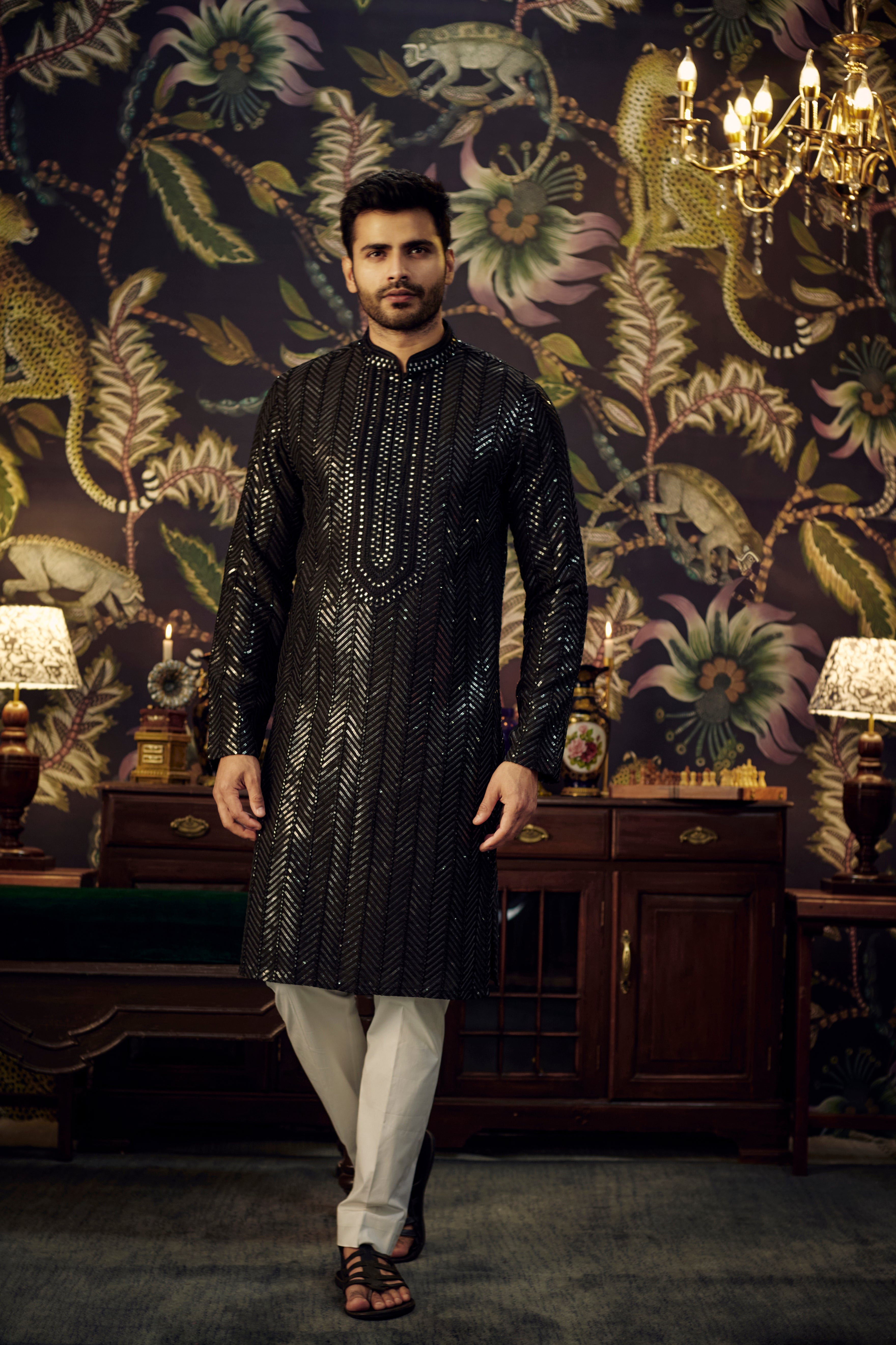 Black sequined kurta with intricate hand embroidered neck-line - kasbahmen