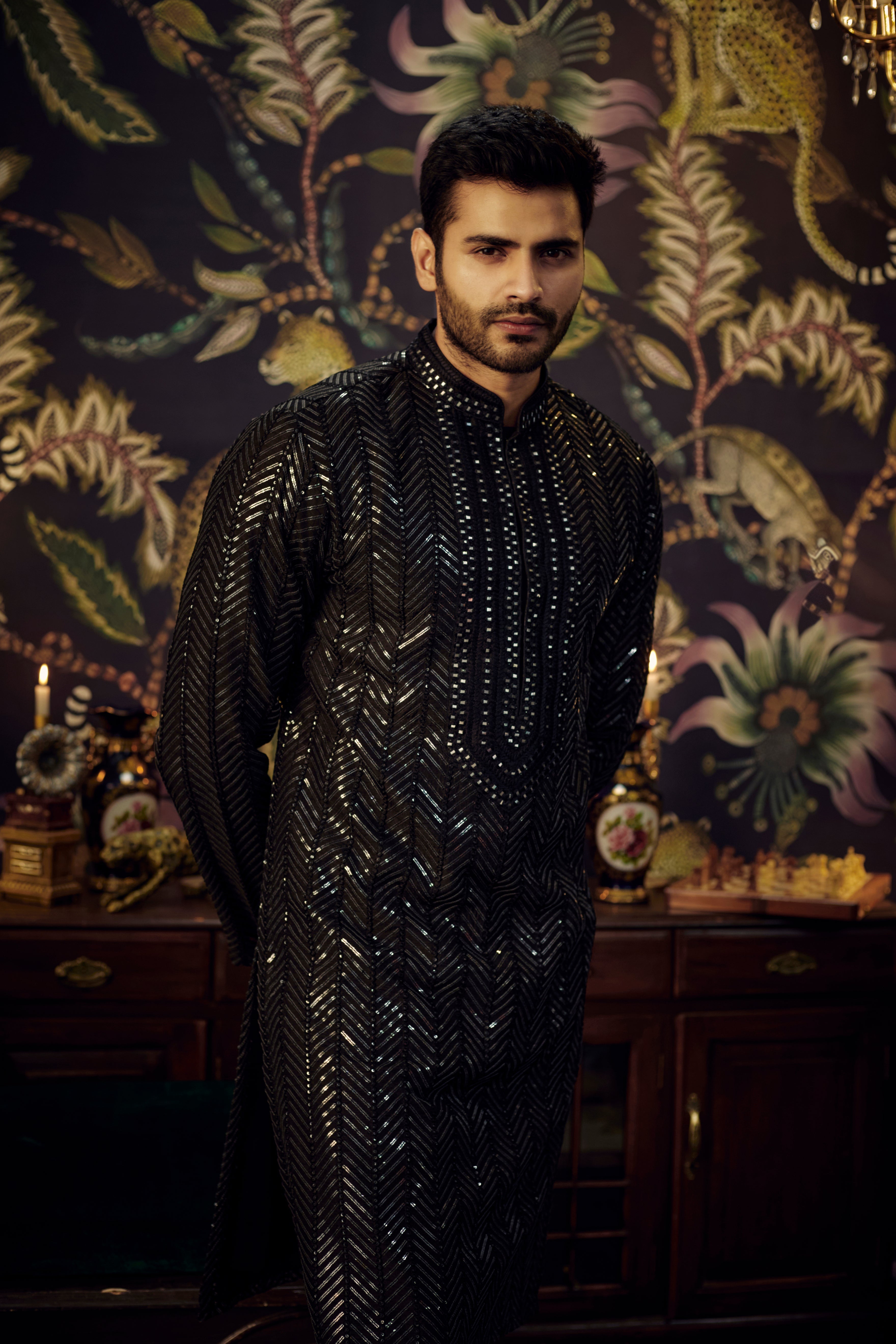 Black sequined kurta with intricate hand embroidered neck-line - kasbahmen