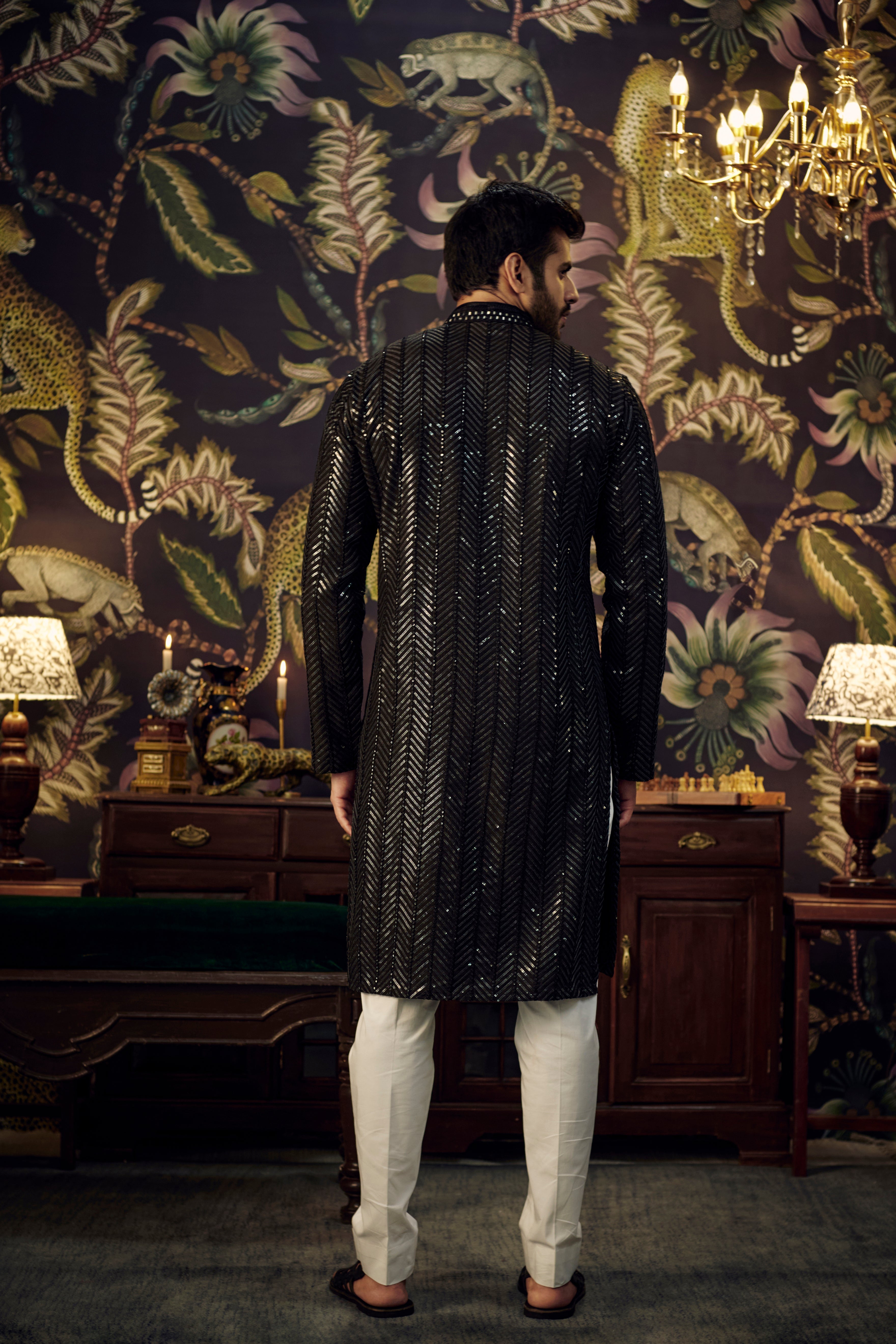 Black sequined kurta with intricate hand embroidered neck-line - kasbahmen