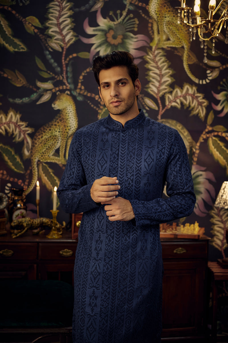 Navy Blue Chikankari Kurta - kasbahmen