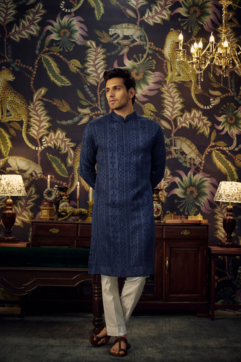 Navy Blue Chikankari Kurta - kasbahmen