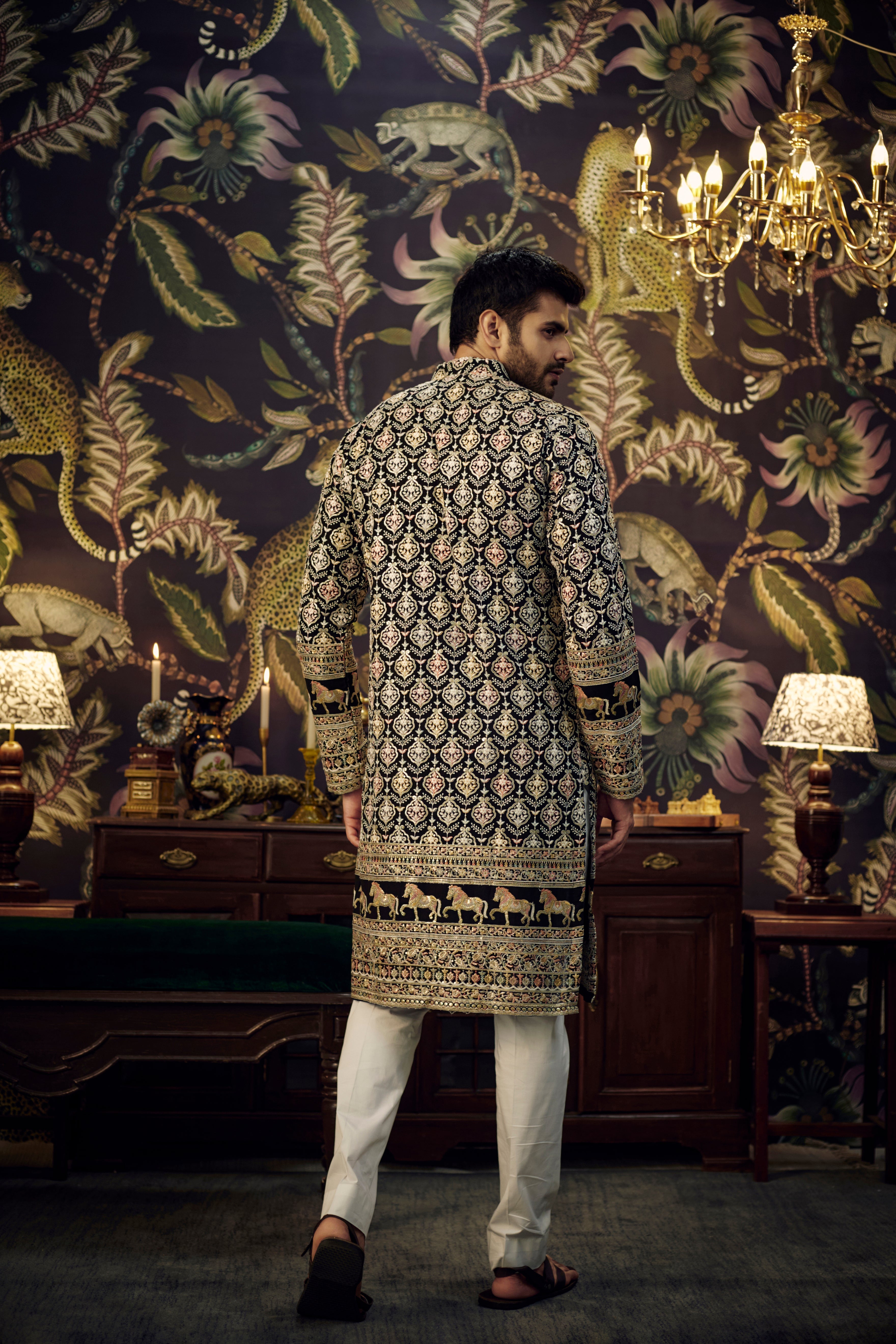 Black multi embroidered kurta with intricately done horse figures - kasbahmen