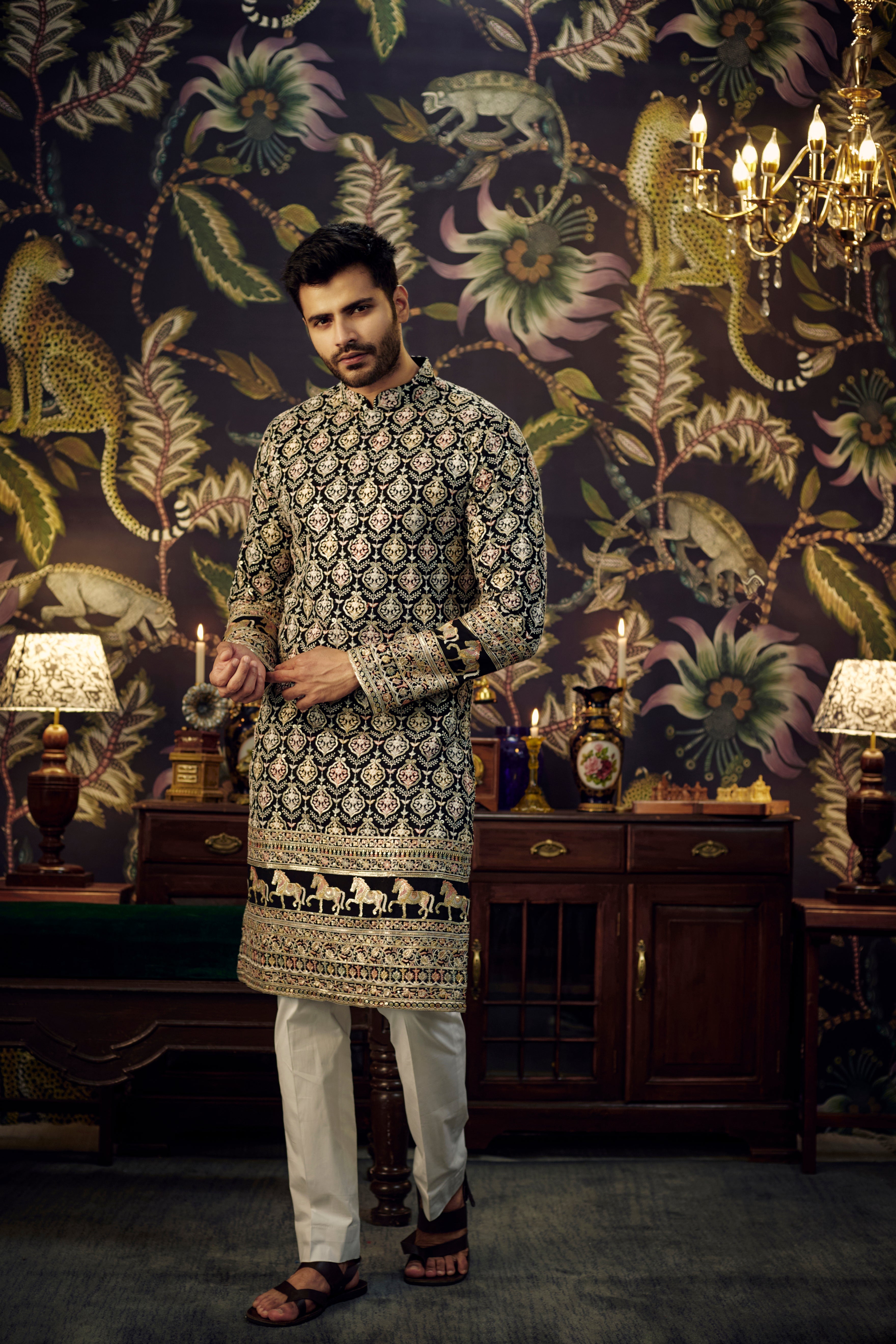 Black multi embroidered kurta with intricately done horse figures - kasbahmen