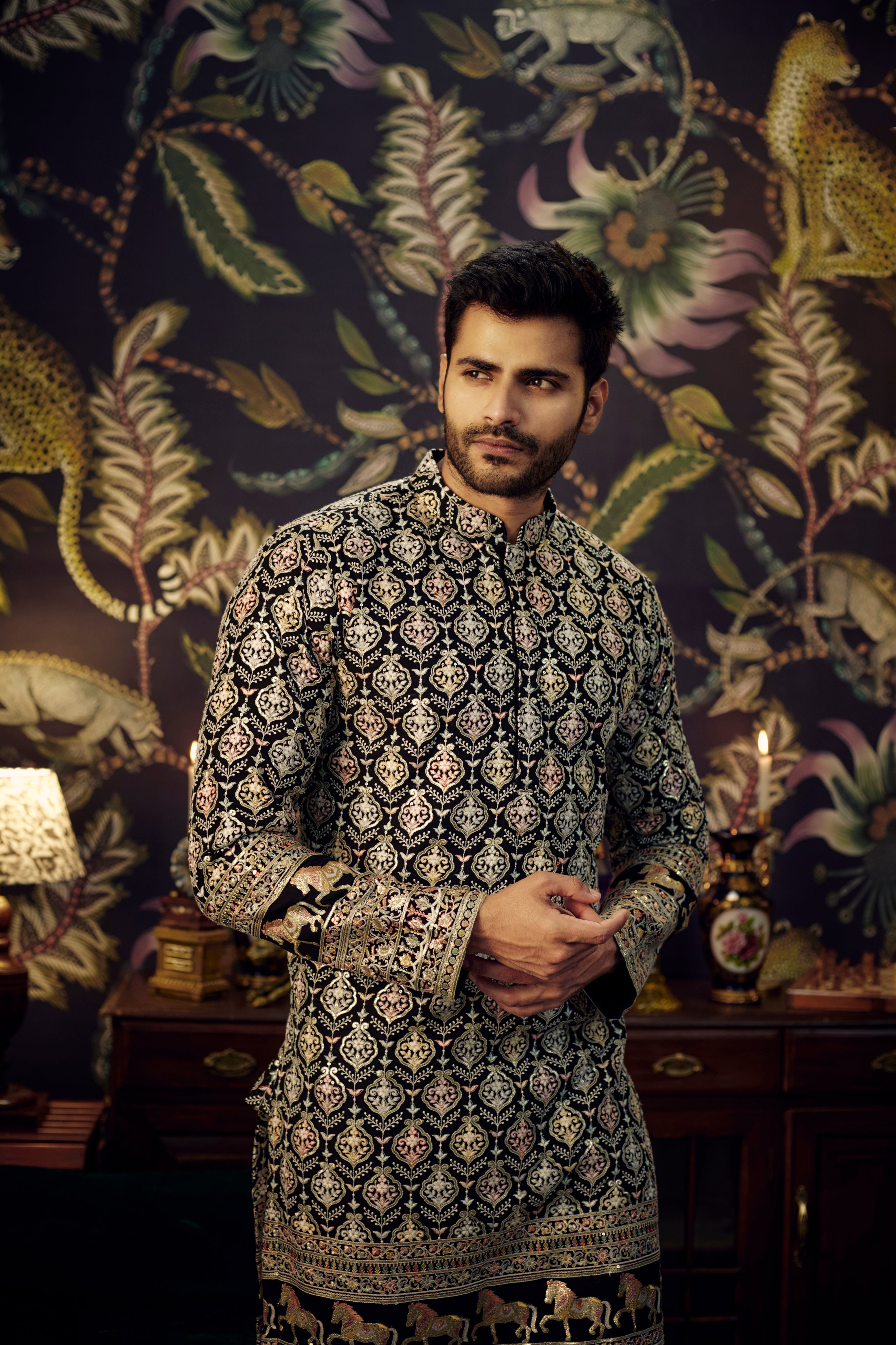 Black multi embroidered kurta with intricately done horse figures - kasbahmen