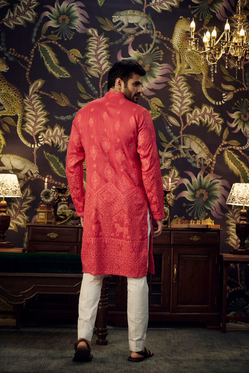 Hot Pink embroidered kurta with intricately done horse figures - kasbahmen