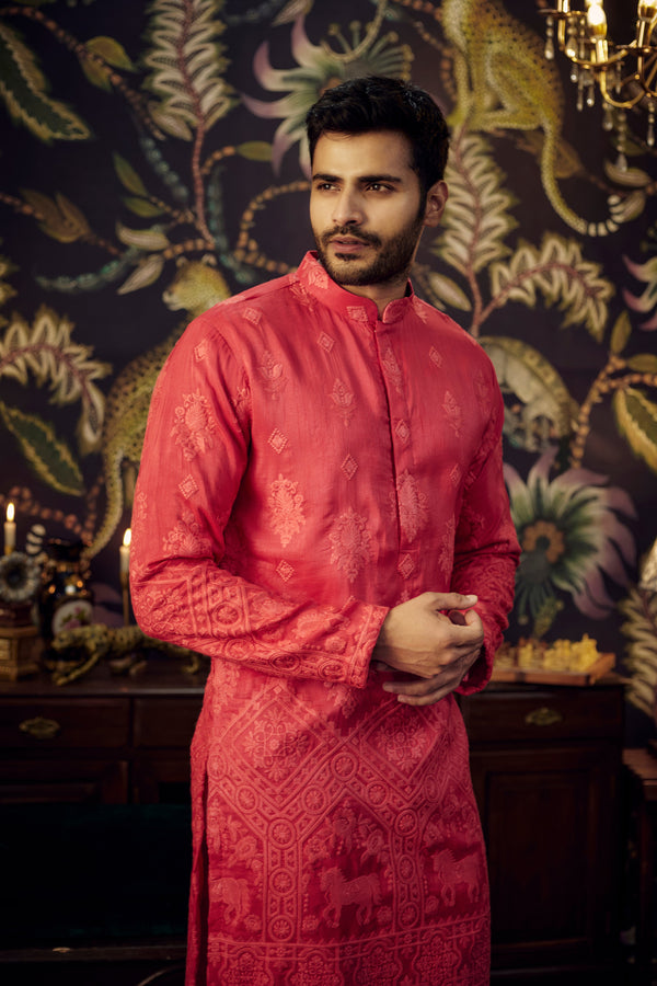 Hot Pink embroidered kurta with intricately done horse figures