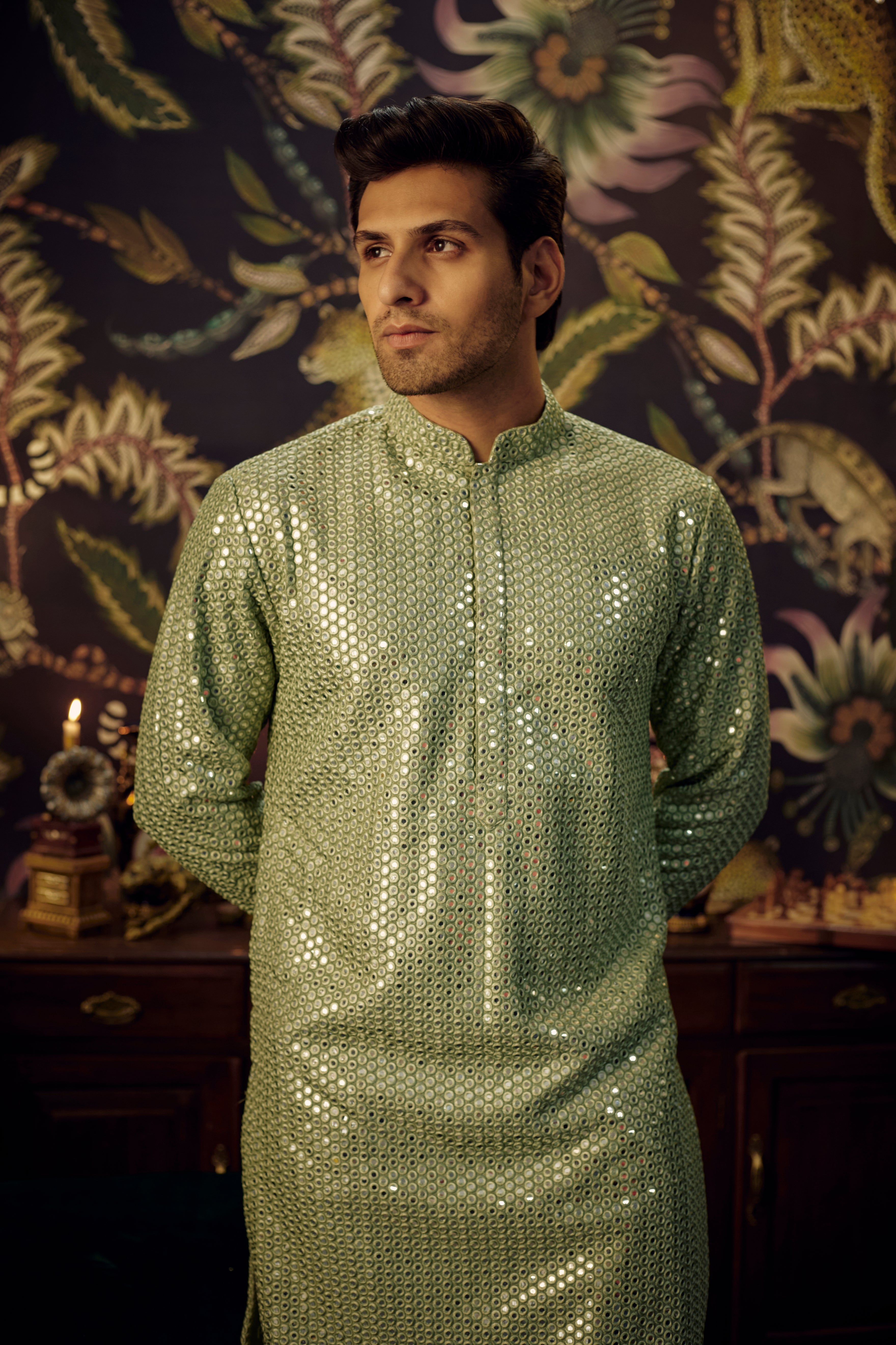 Classic mint green mirror-work kurta - kasbahmen