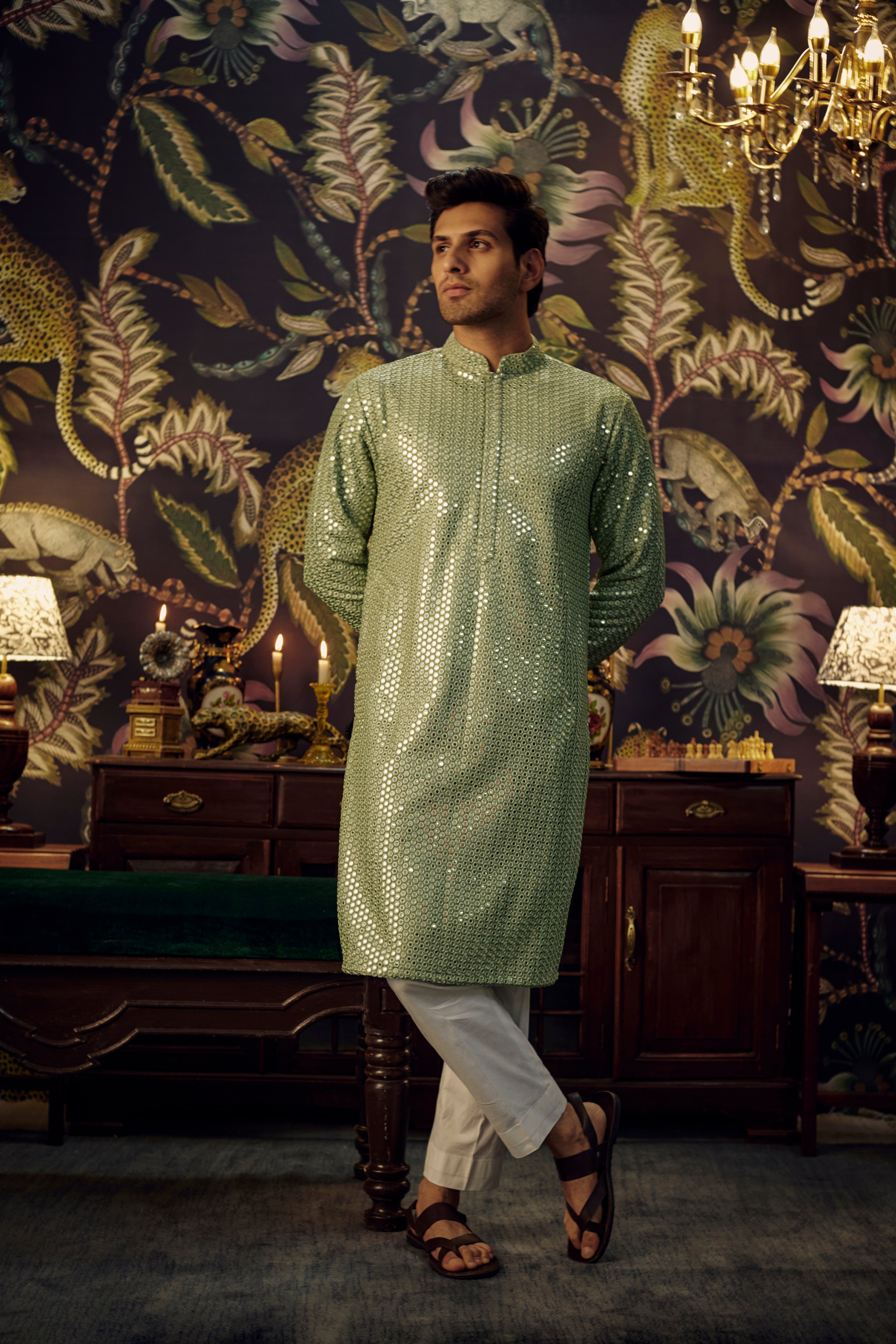 Classic mint green mirror-work kurta - kasbahmen