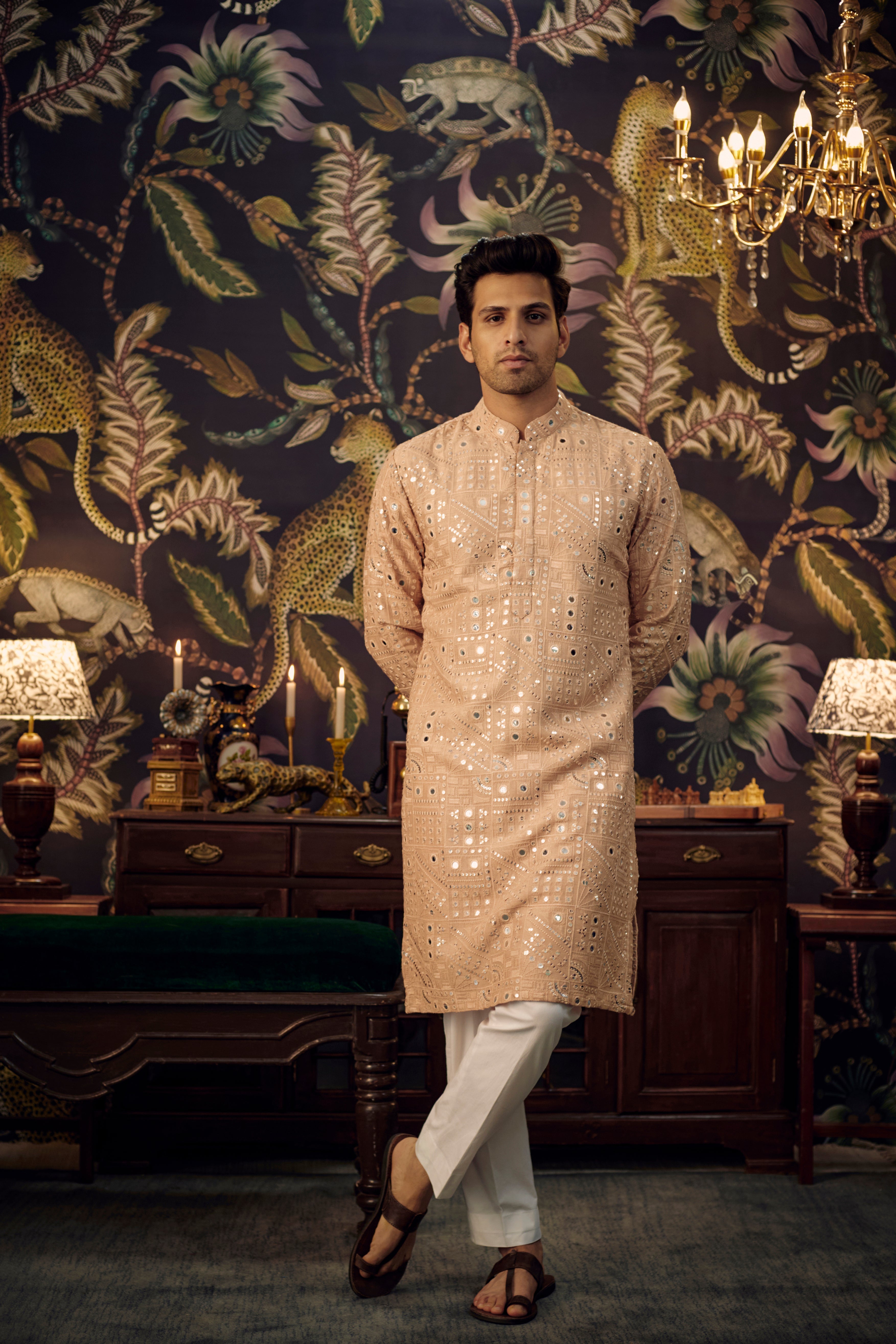 Coral Peach mirror-work kurta - kasbahmen