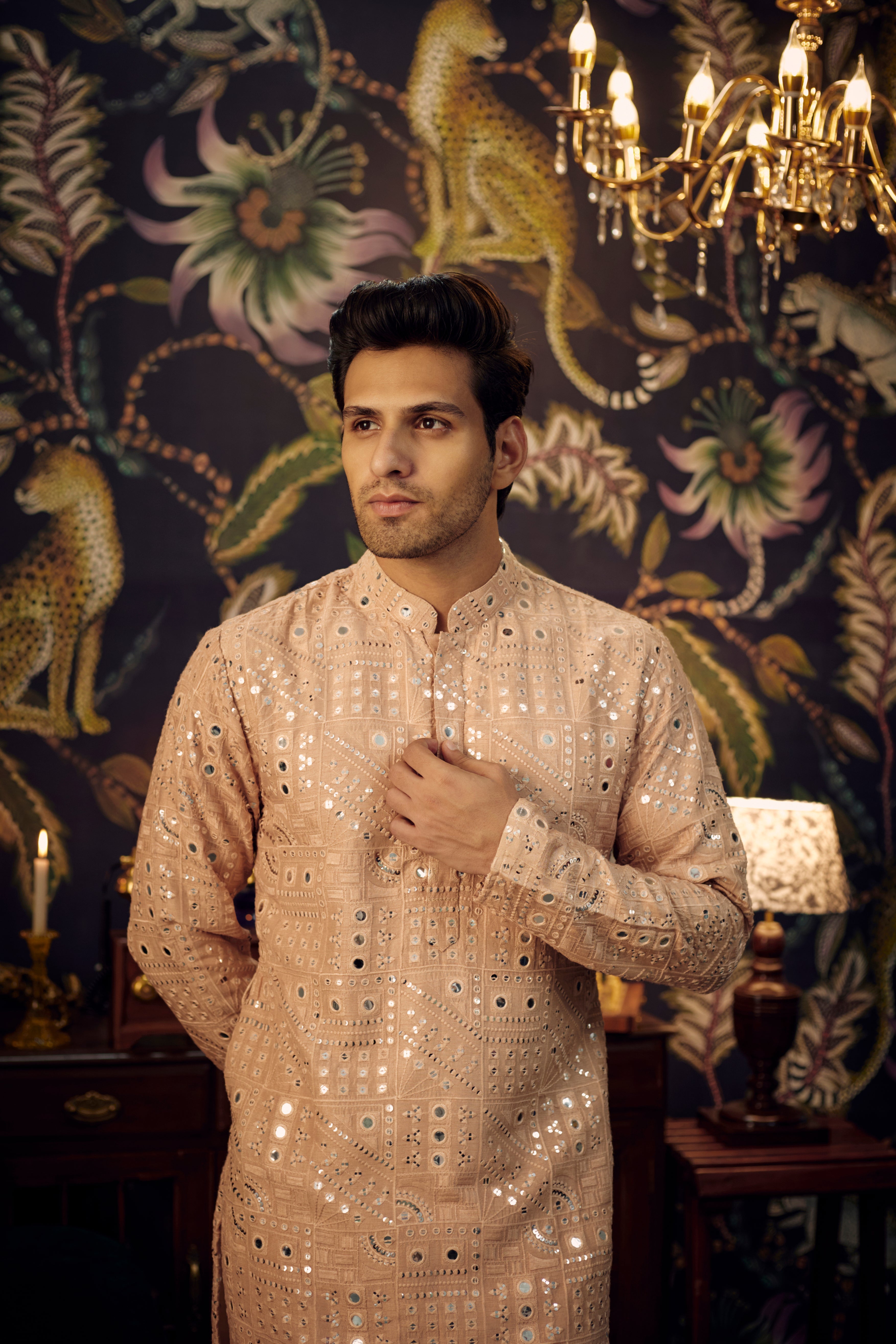 Coral Peach mirror-work kurta - kasbahmen