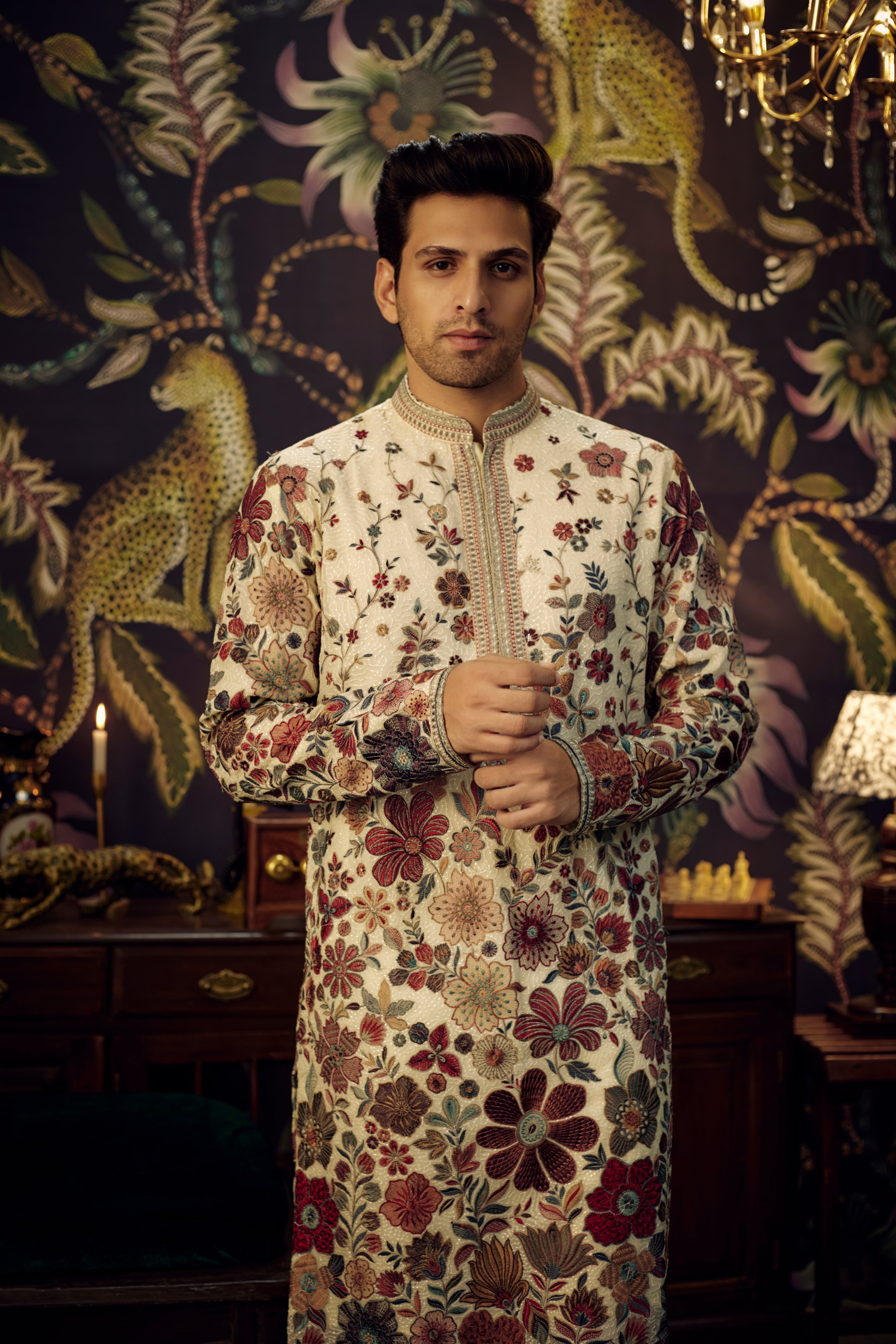 Cream heavily embroidered floral kurta. - kasbahmen