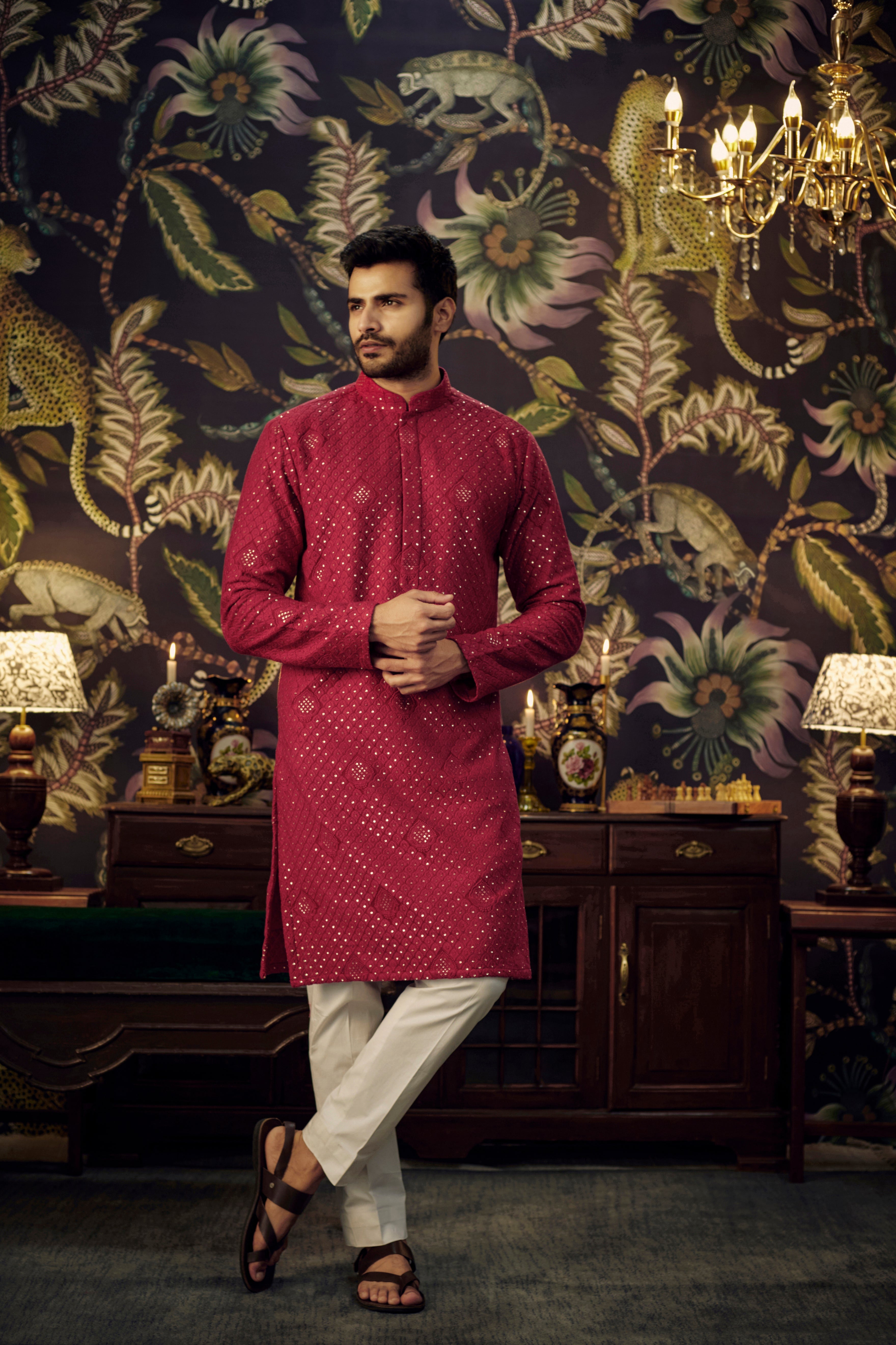 Classic red chikankari kurta - kasbahmen