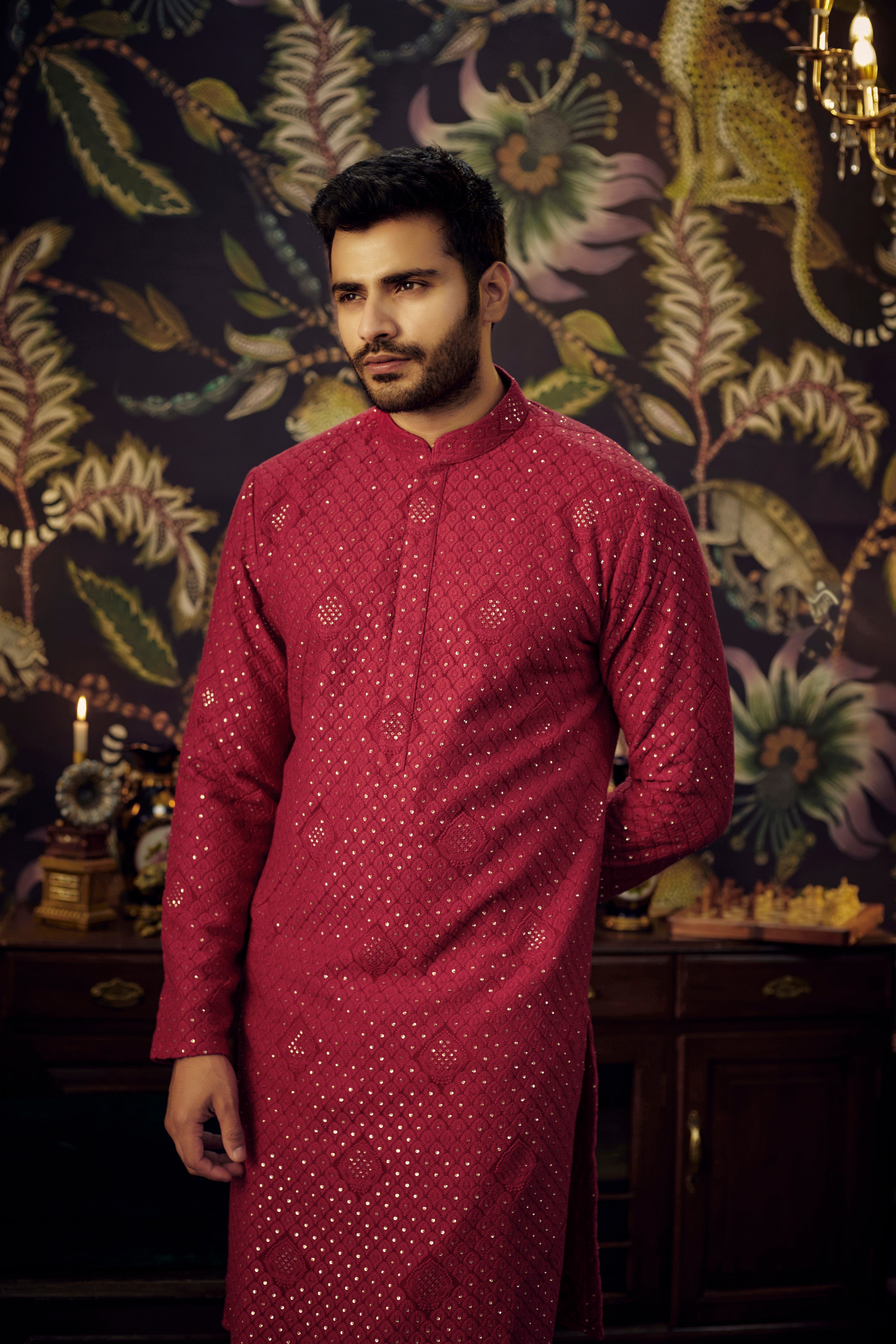 Classic red chikankari kurta - kasbahmen