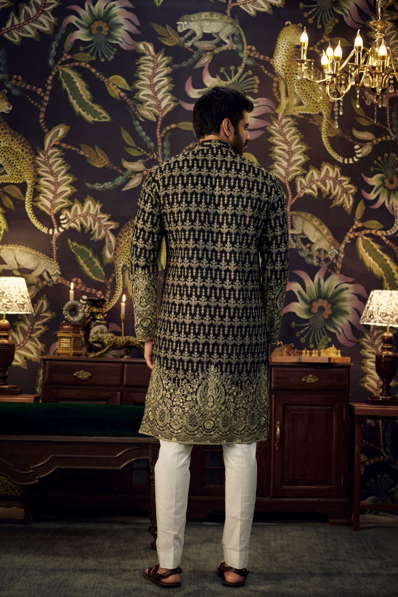 Black heavy embroidered kurta with antique gold gota work - kasbahmen