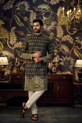 Black heavy embroidered kurta with antique gold gota work - kasbahmen