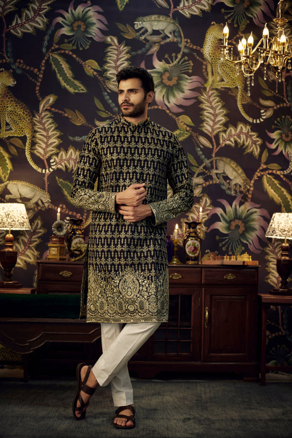 Black heavy embroidered kurta with antique gold gota work