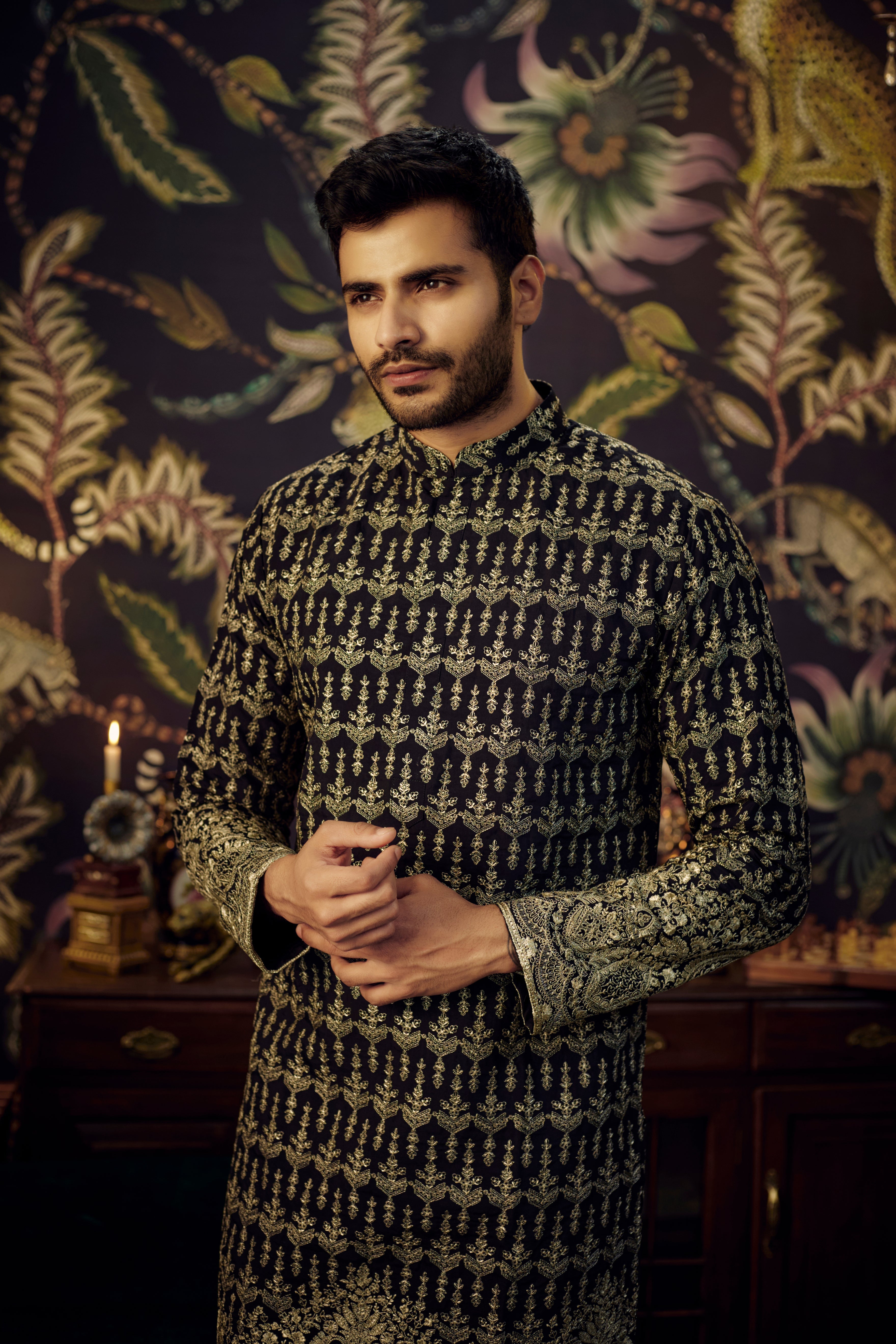 Black heavy embroidered kurta with antique gold gota work - kasbahmen