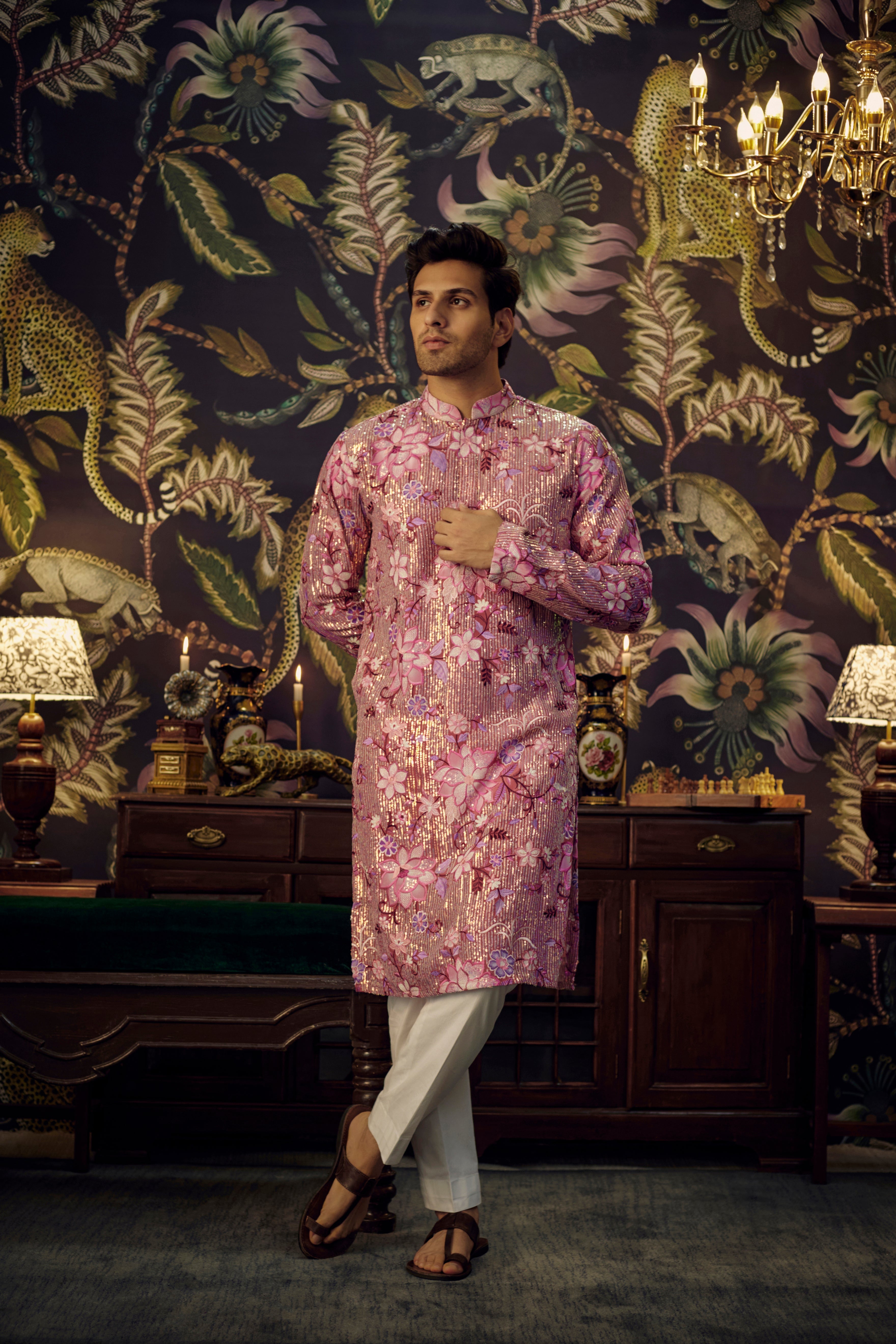 Pink Floral sequined kurta - kasbahmen