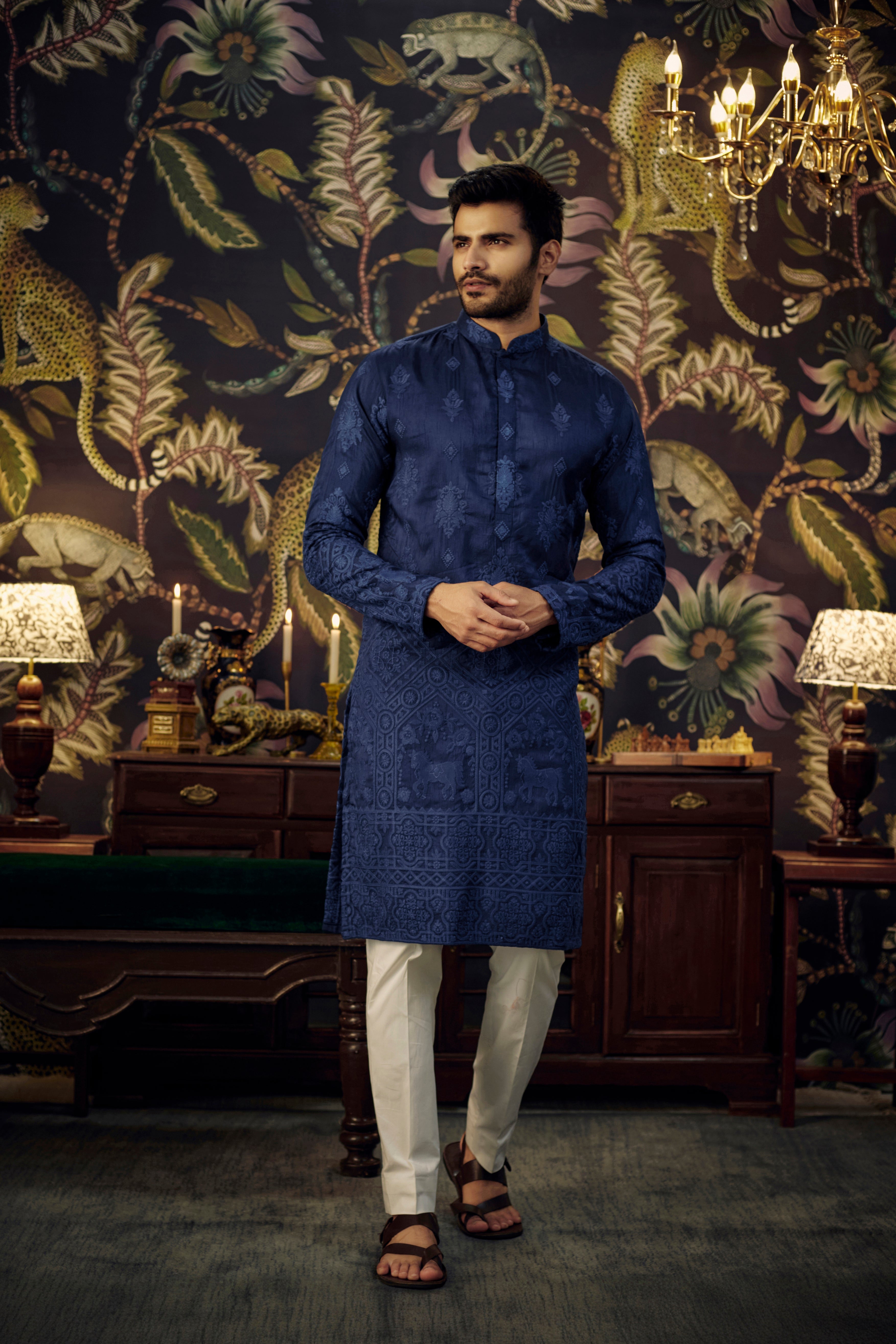 Navy Blue embroidered kurta with intricately done horse figures - kasbahmen