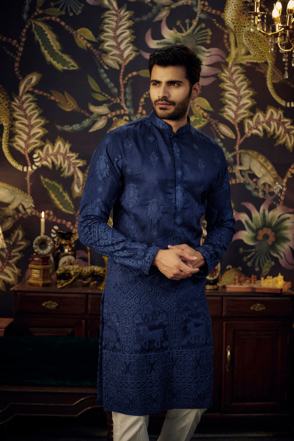 Navy Blue embroidered kurta with intricately done horse figures - kasbahmen