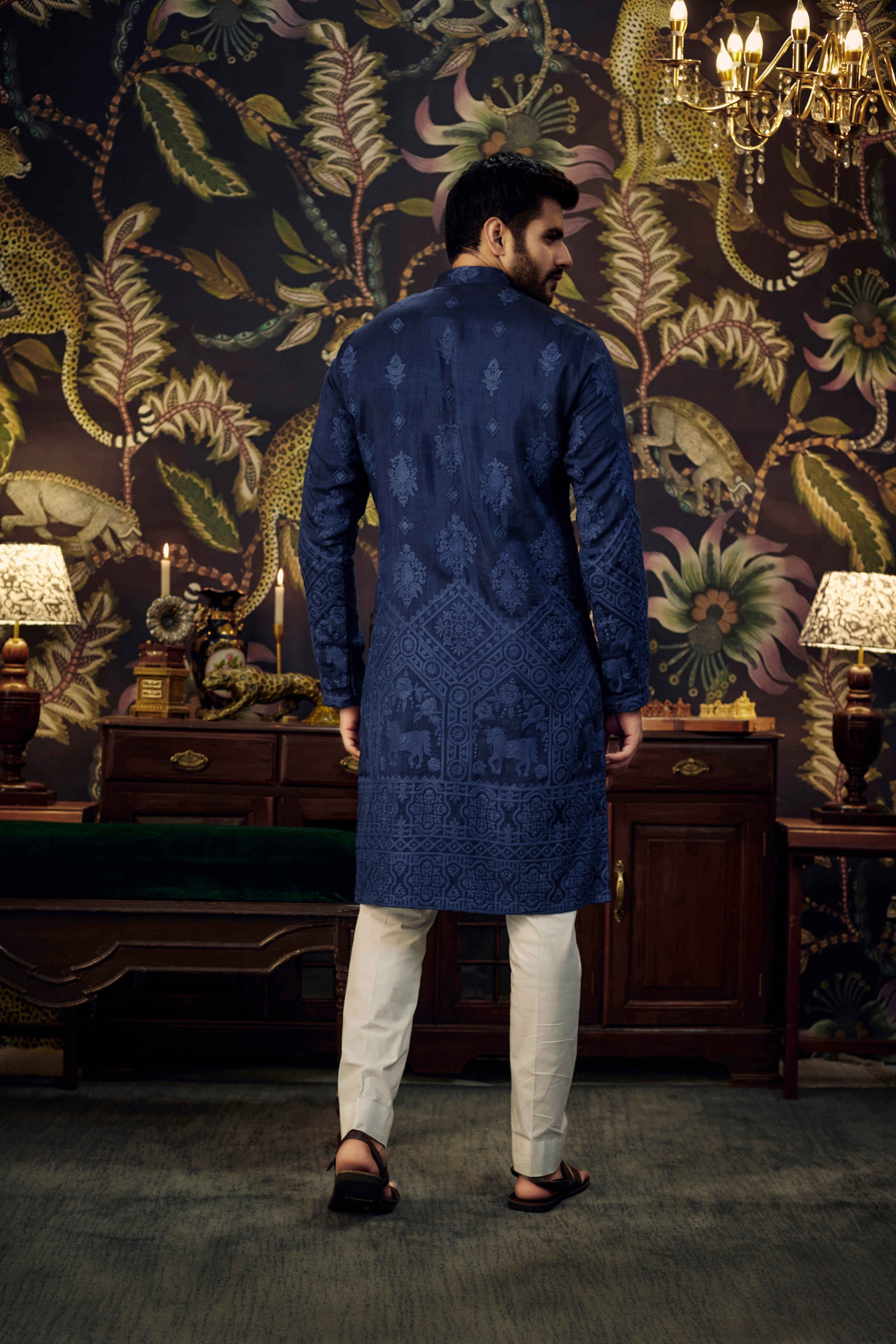 Navy Blue embroidered kurta with intricately done horse figures - kasbahmen