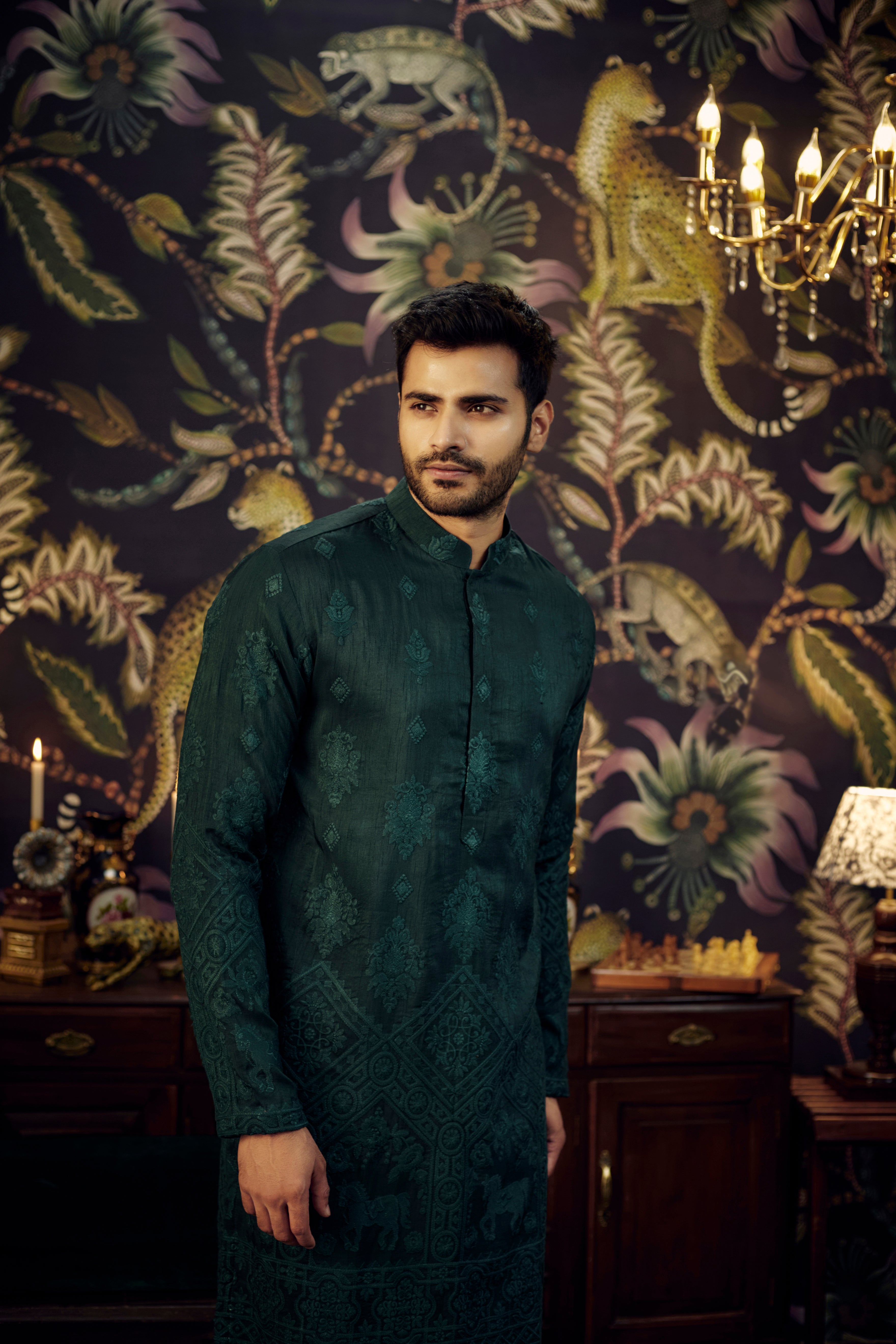 Bottle Green embroidered kurta with intricately done horse figures - kasbahmen