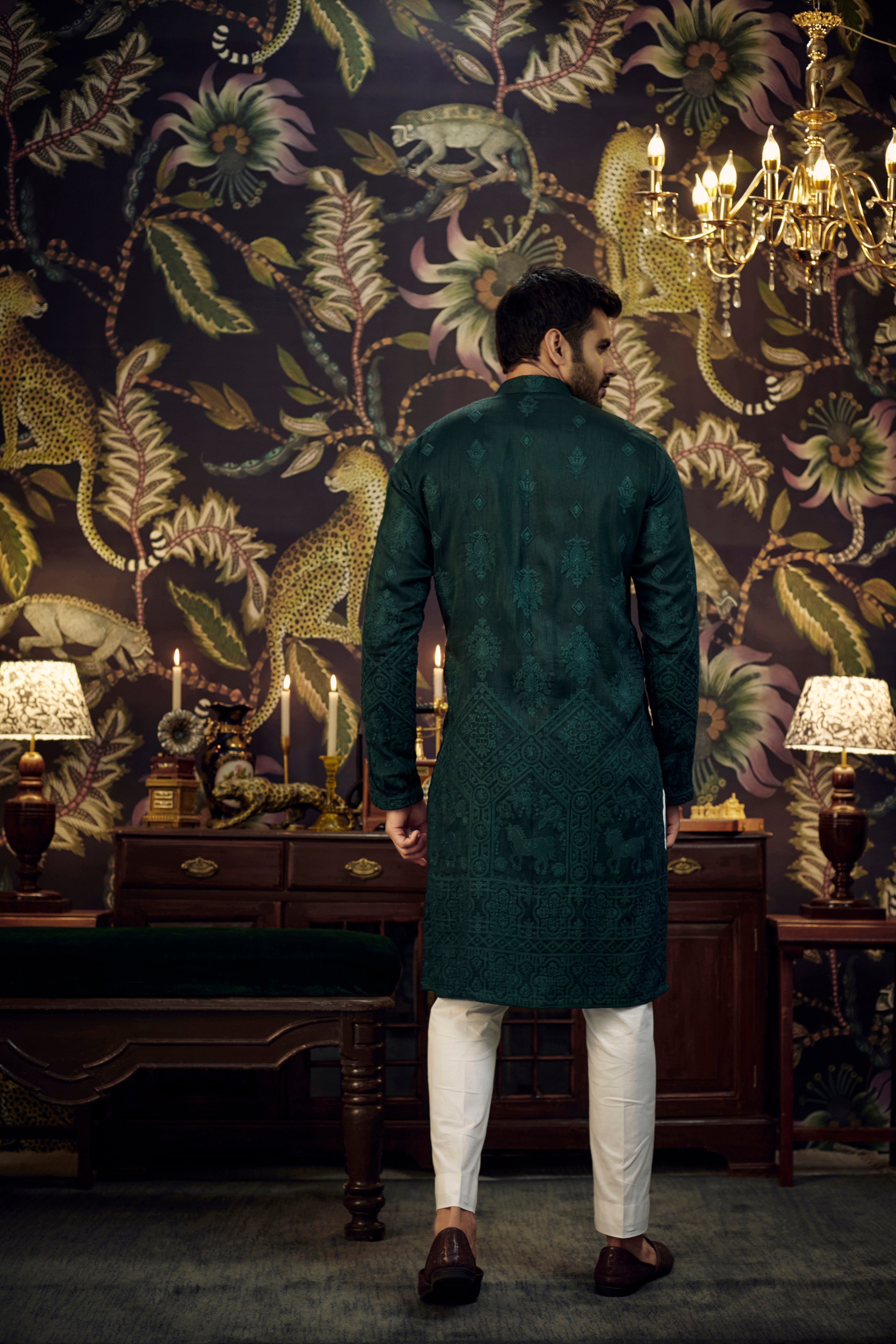 Bottle Green embroidered kurta with intricately done horse figures - kasbahmen