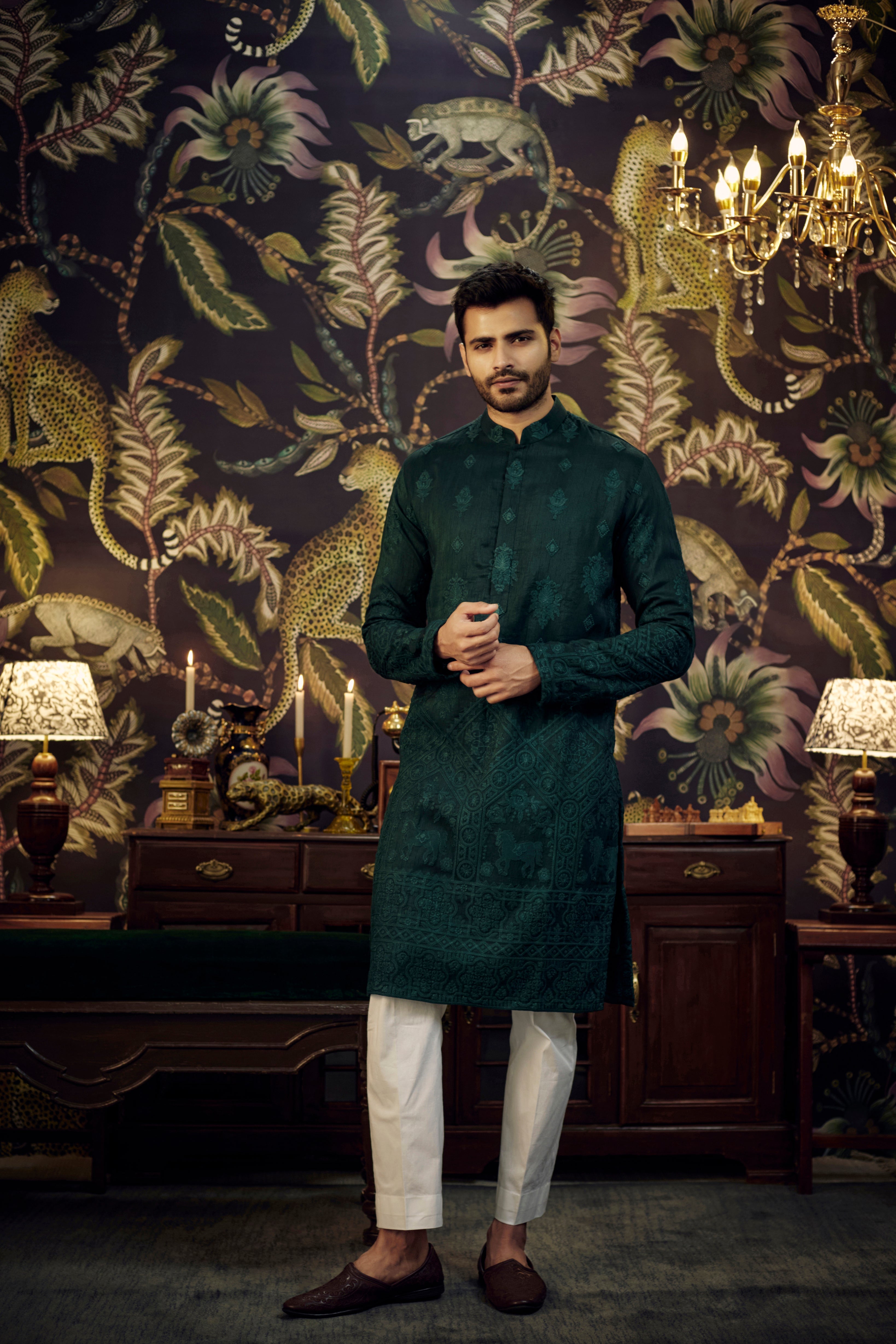 Bottle Green embroidered kurta with intricately done horse figures - kasbahmen