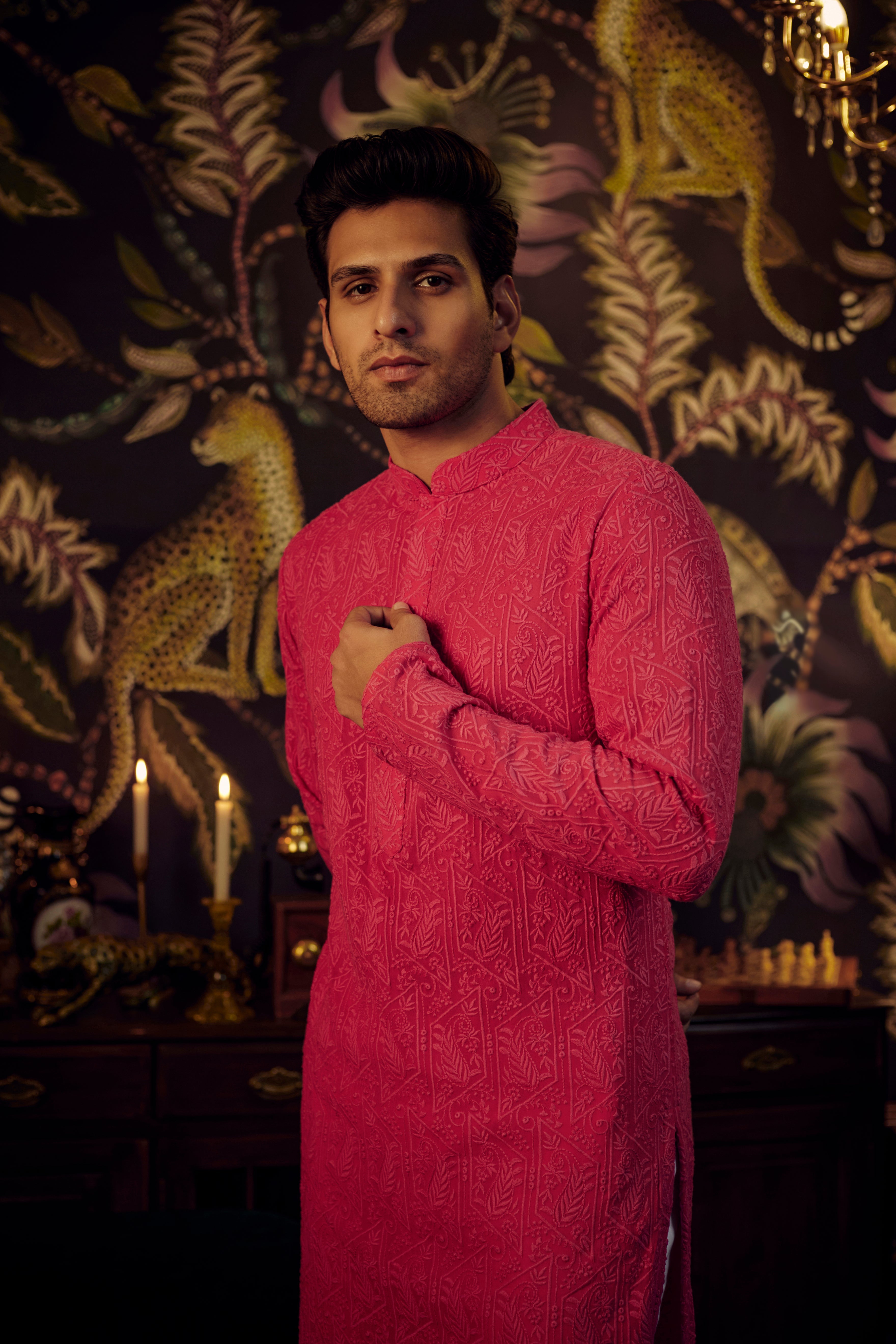 Hot Pink chikankari kurta with intricate paisley embroidery - kasbahmen