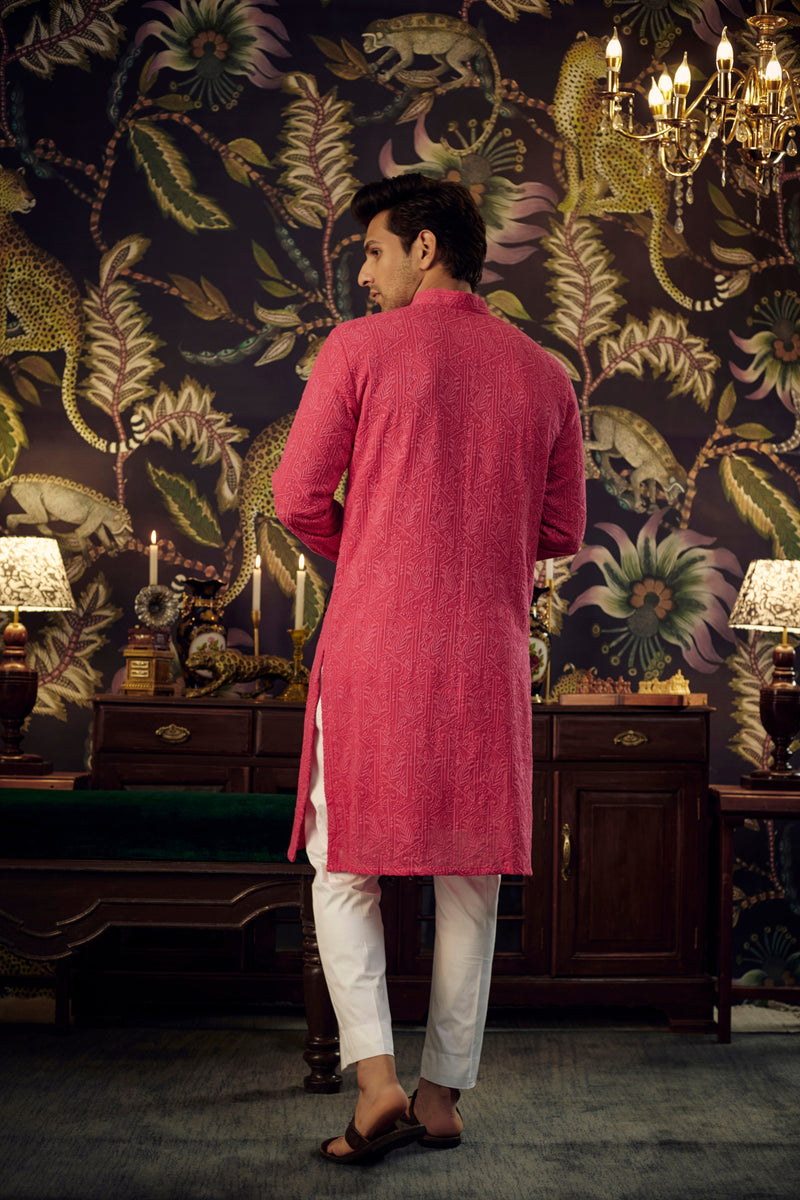 Hot Pink chikankari kurta with intricate paisley embroidery - kasbahmen