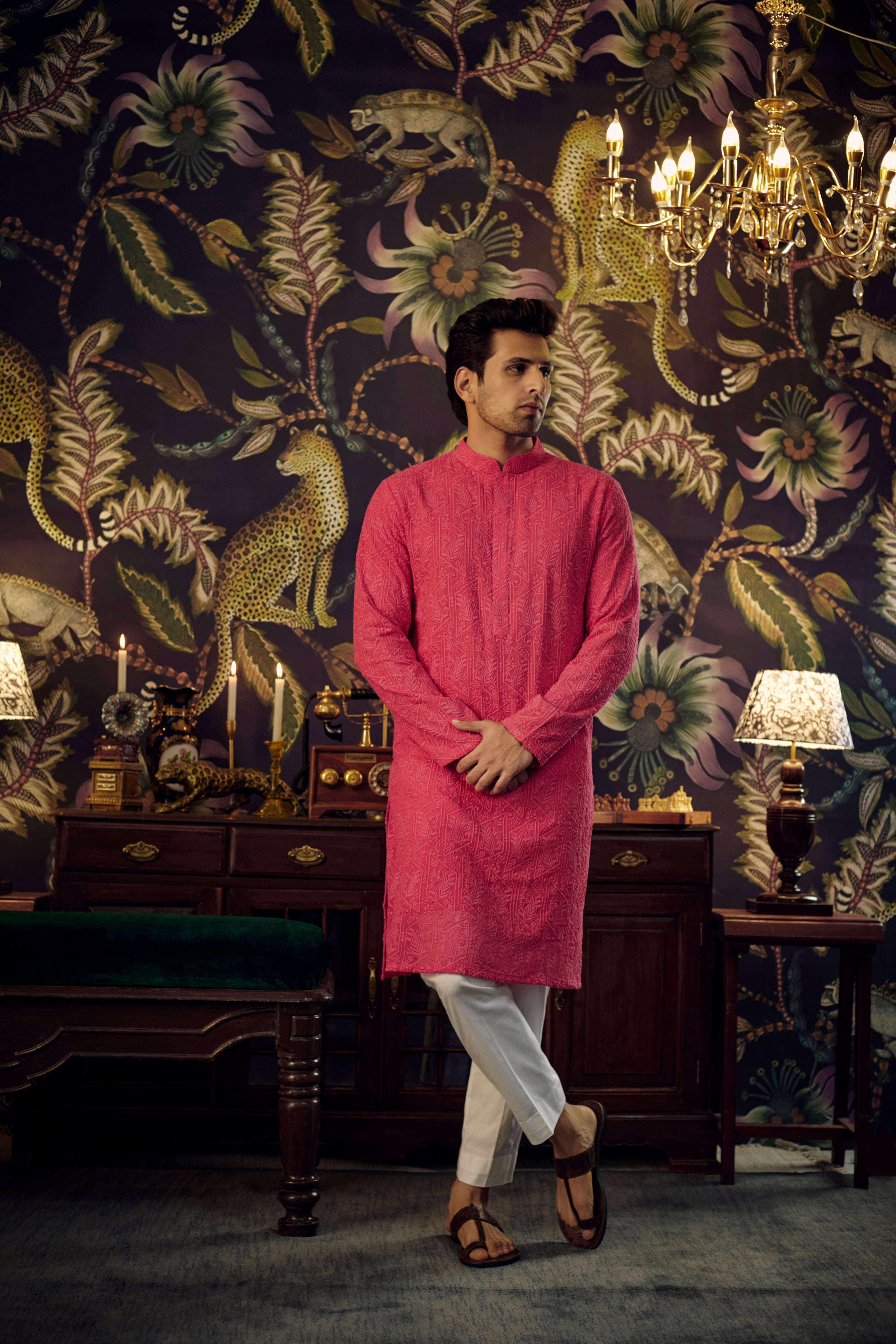 Hot Pink chikankari kurta with intricate paisley embroidery - kasbahmen