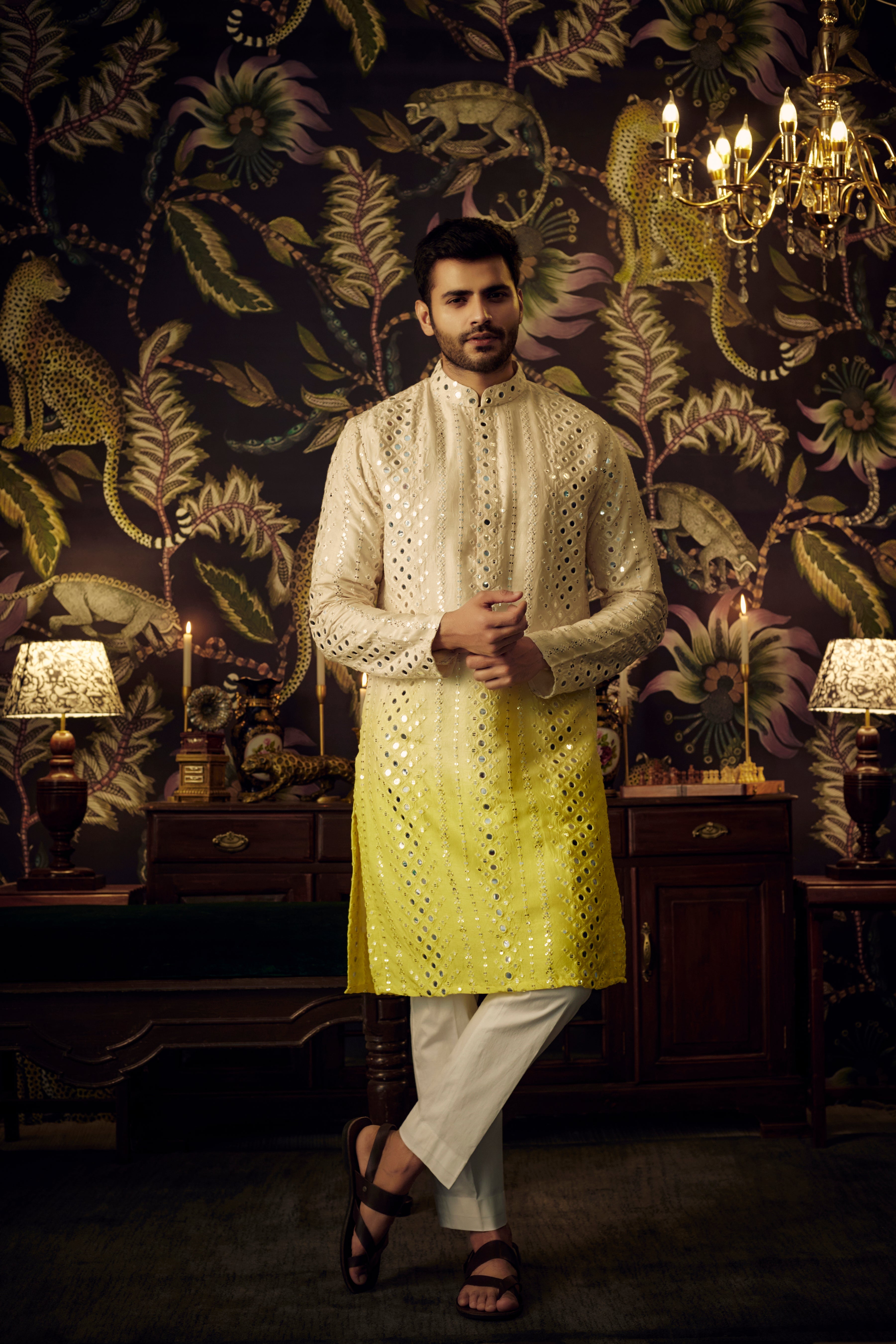 Cream-yellow Ombre Mirror-work Kurta - kasbahmen