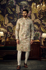 Off-white floral embroidered kurta with multi-threadwork