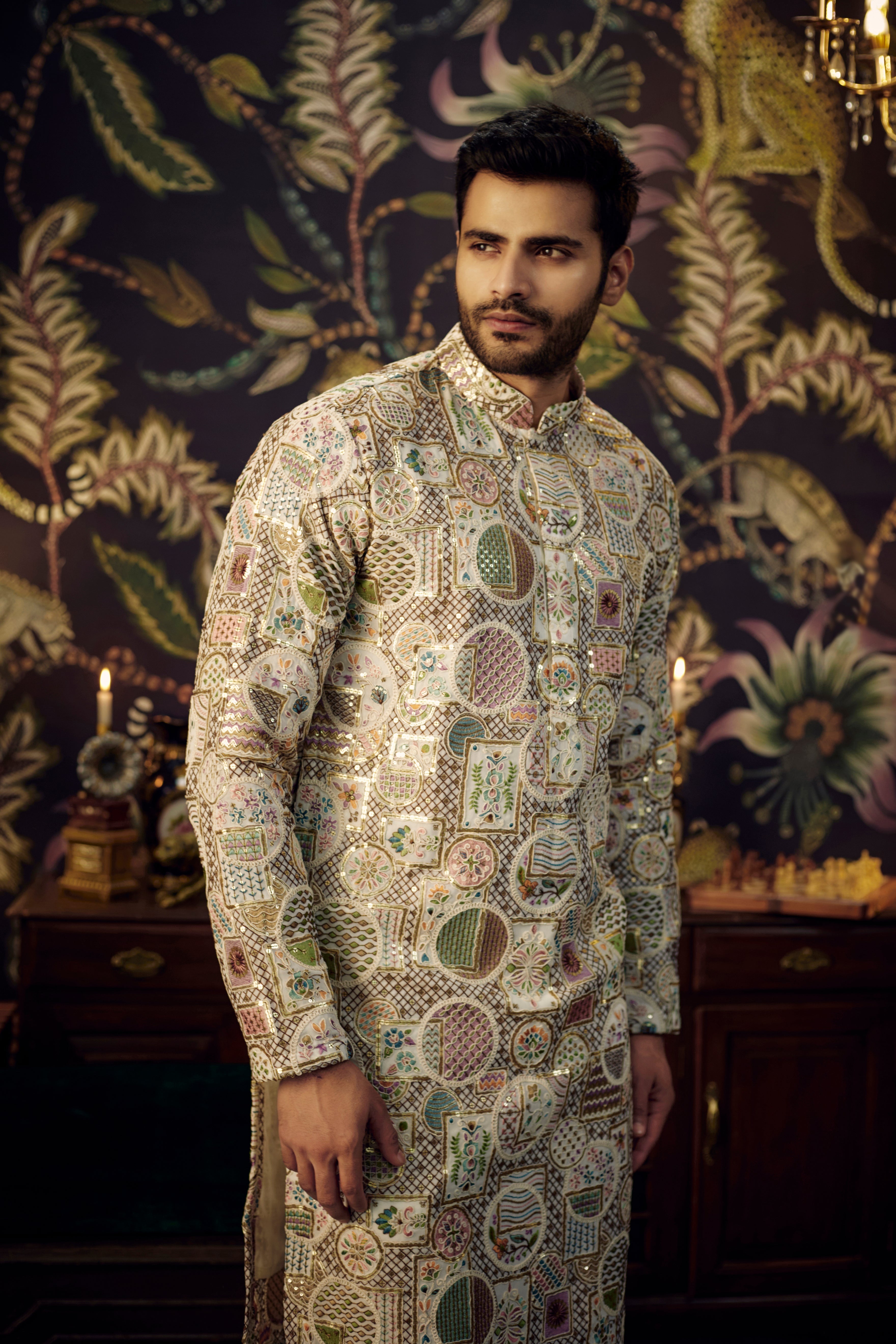 Off-white floral embroidered kurta with multi-threadwork - kasbahmen