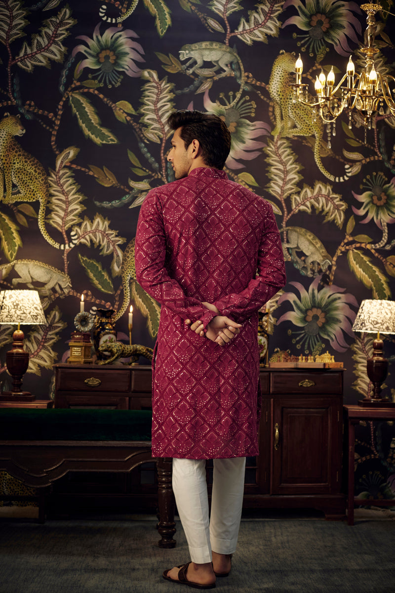 Maroon chikankari kurta with tone-to-tone thread and sequins work. - kasbahmen