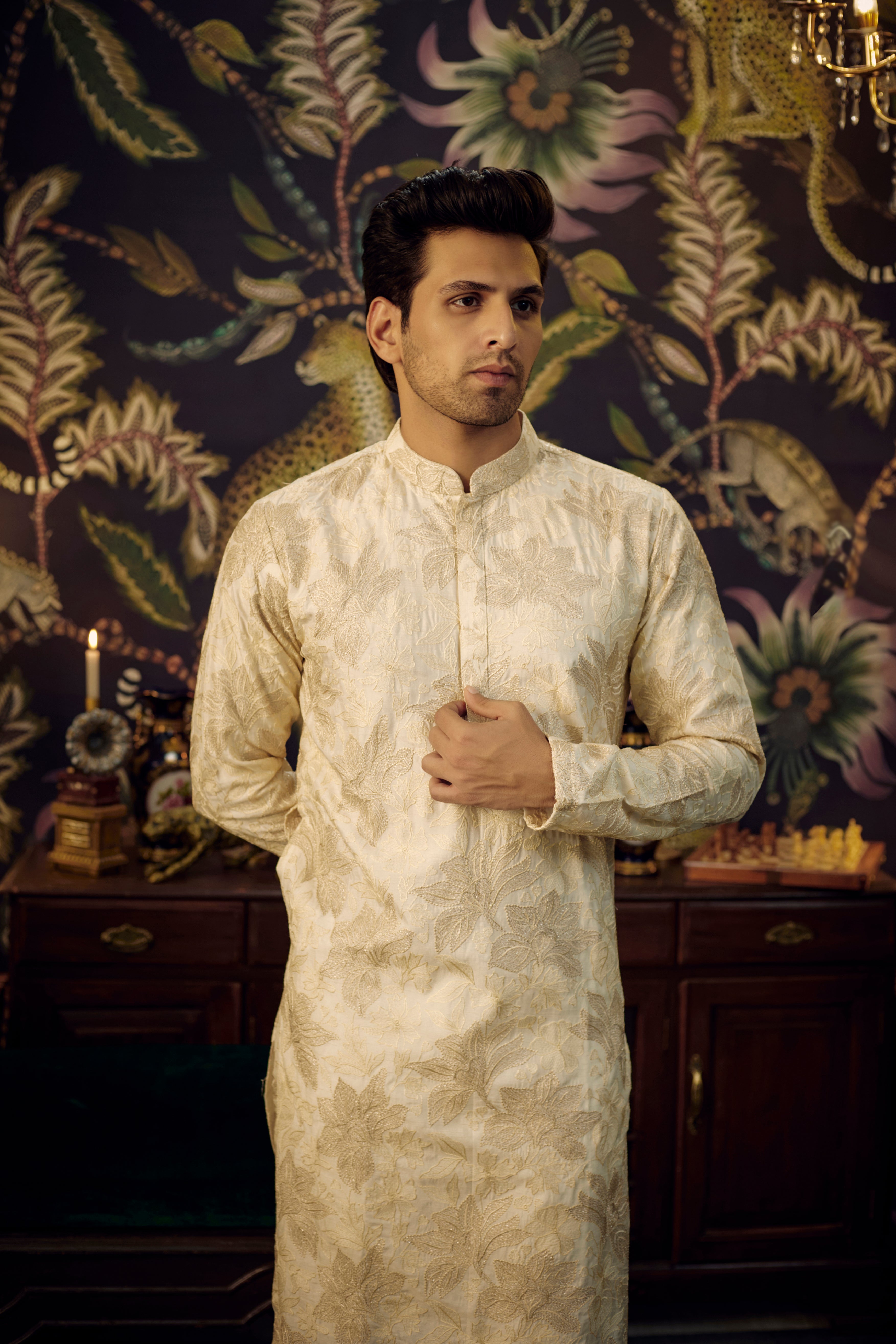 Classic cream and gold floral kurta - kasbahmen