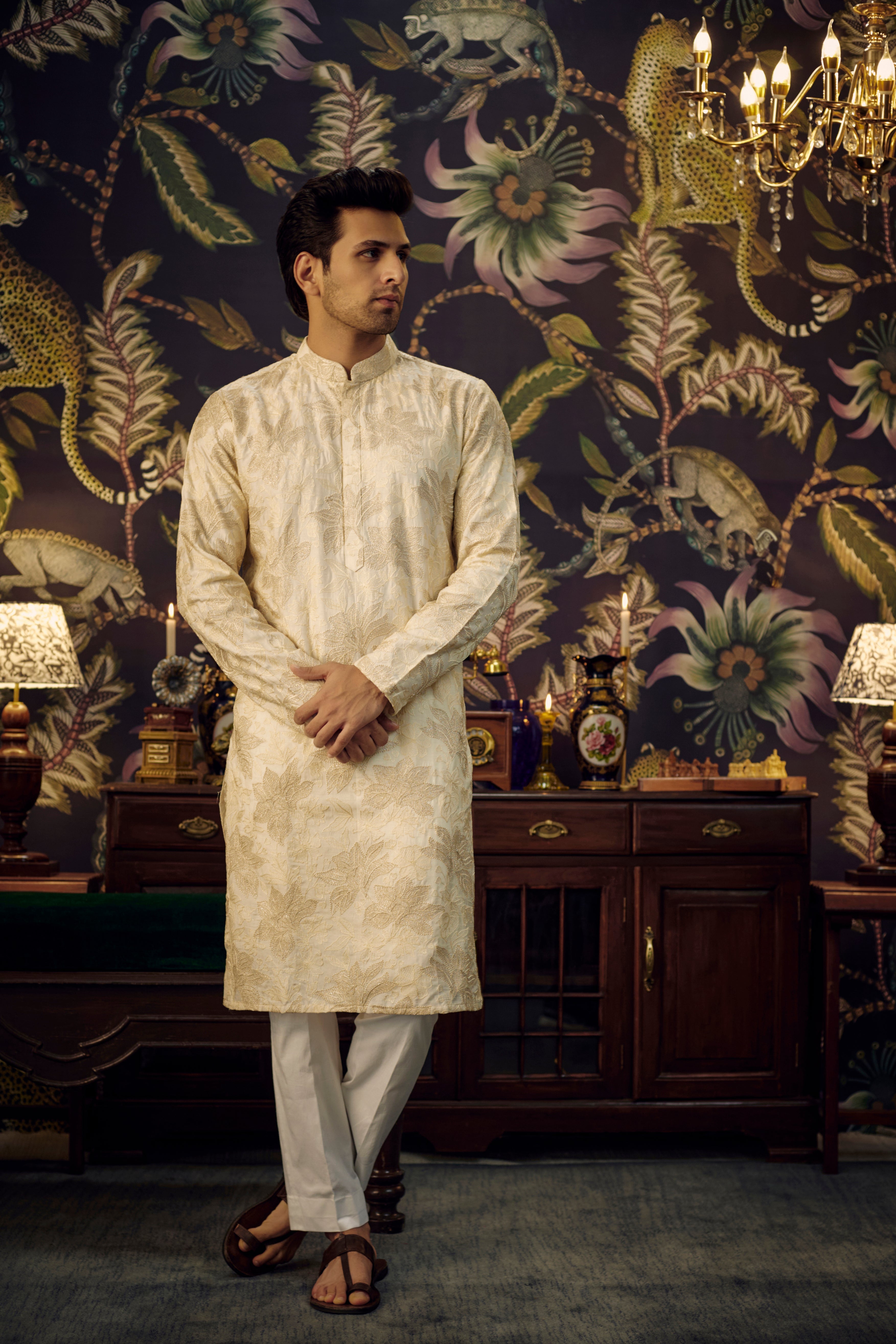 Classic cream and gold floral kurta - kasbahmen