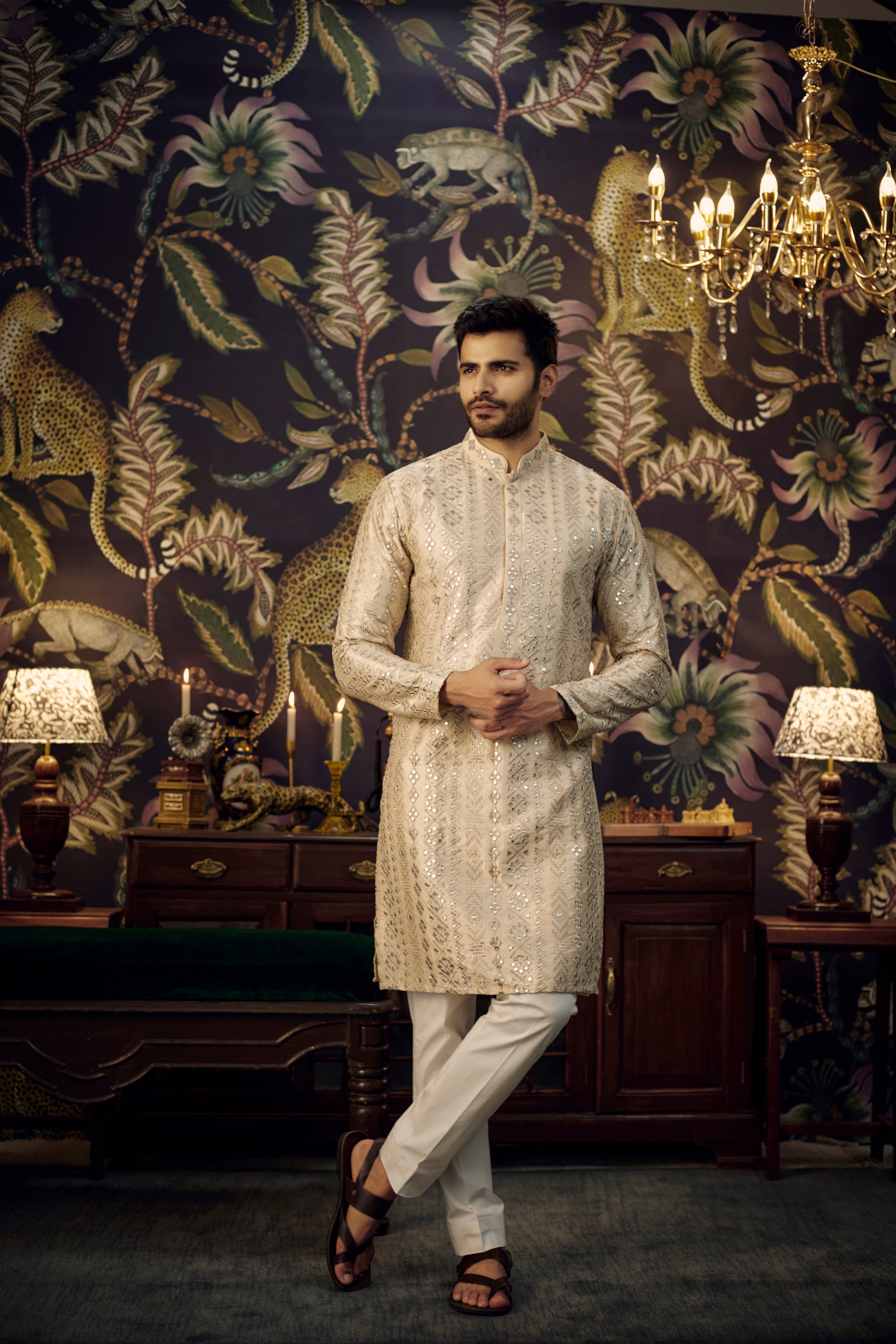 Classic beige mirror-work kurta - kasbahmen