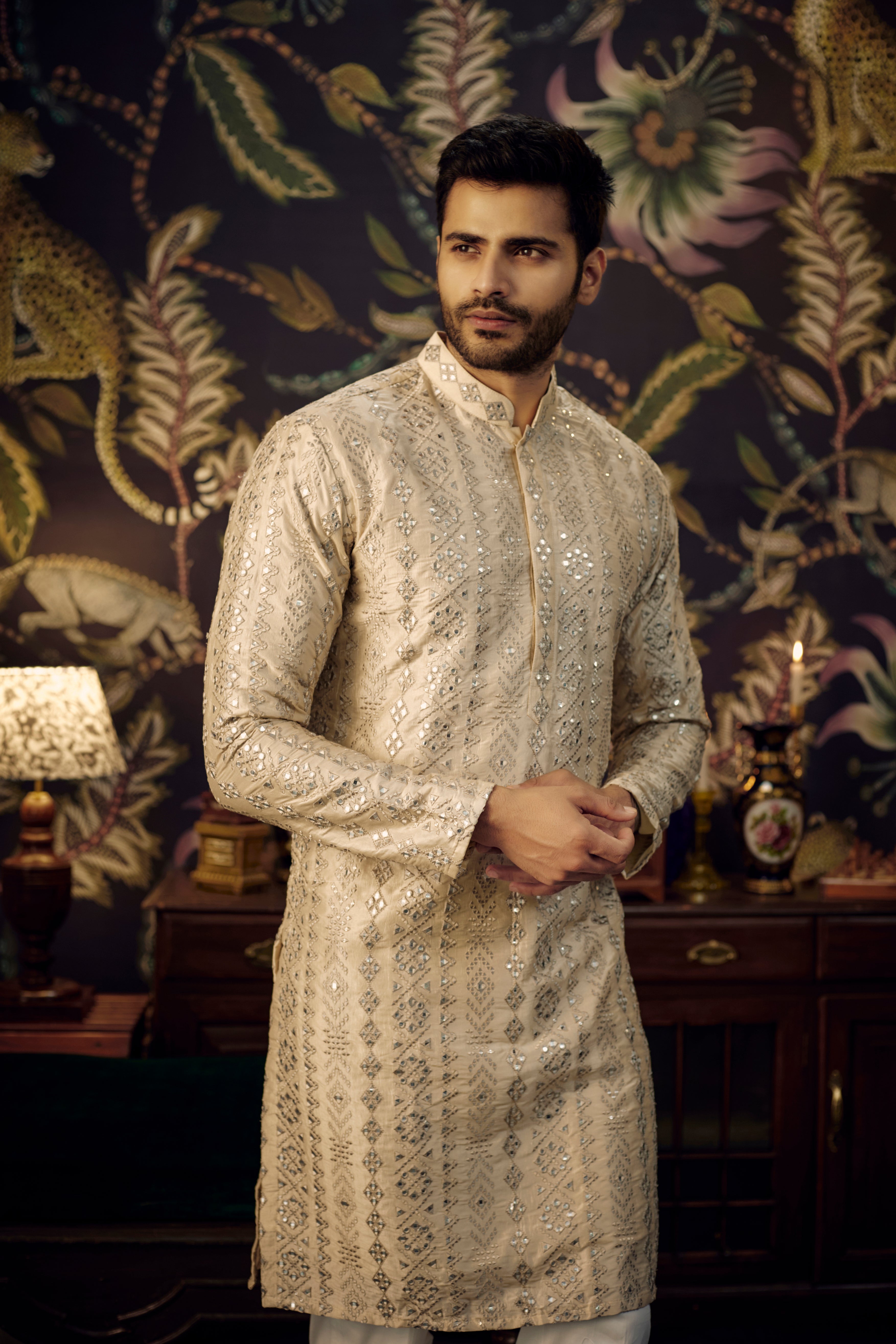 Classic beige mirror-work kurta - kasbahmen